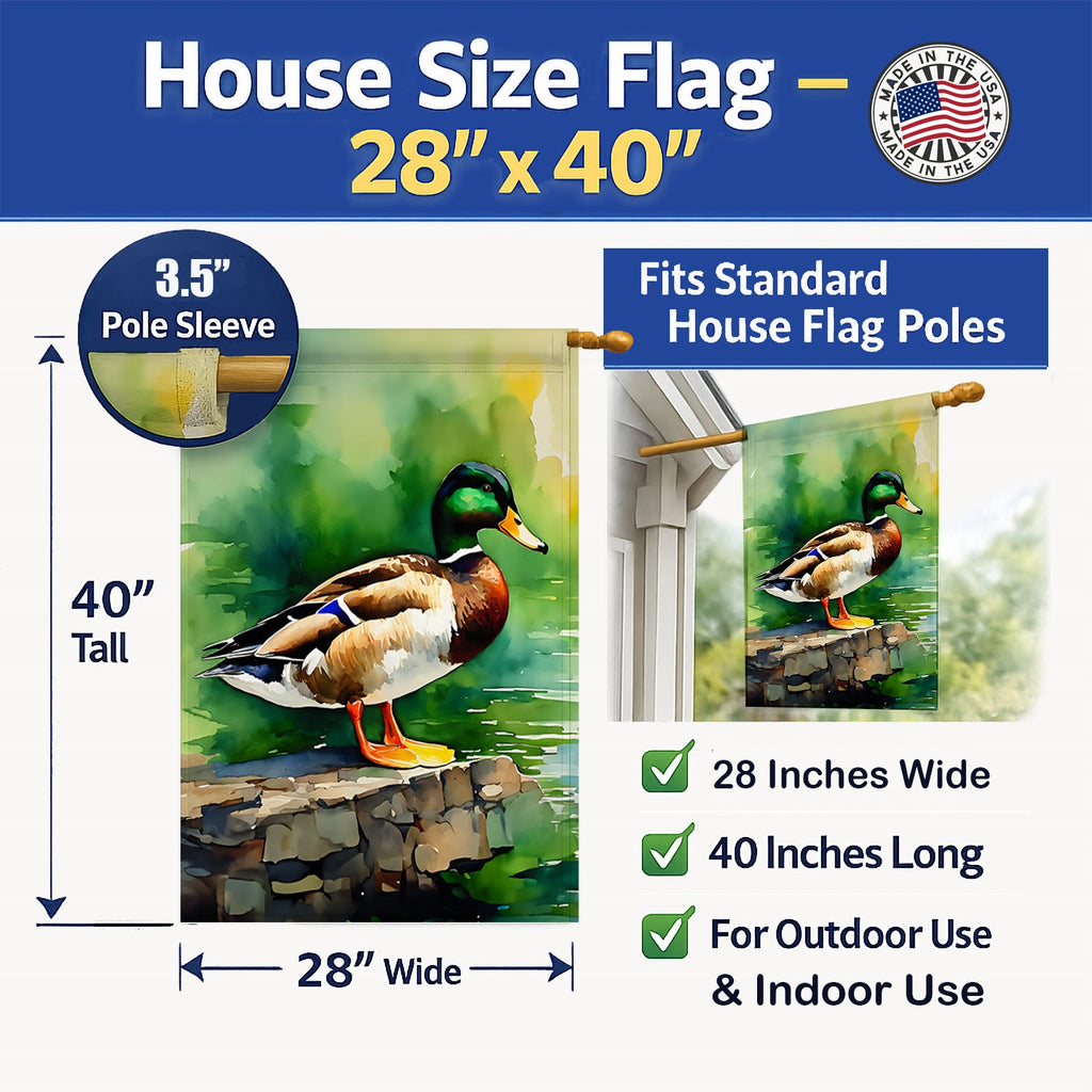 Mallard Duck Standing Pond Edge House Flag 28x40 Porch Sleeve Pole Decorative Outside Yard Banner Artwork Wall Hanging, Polyester