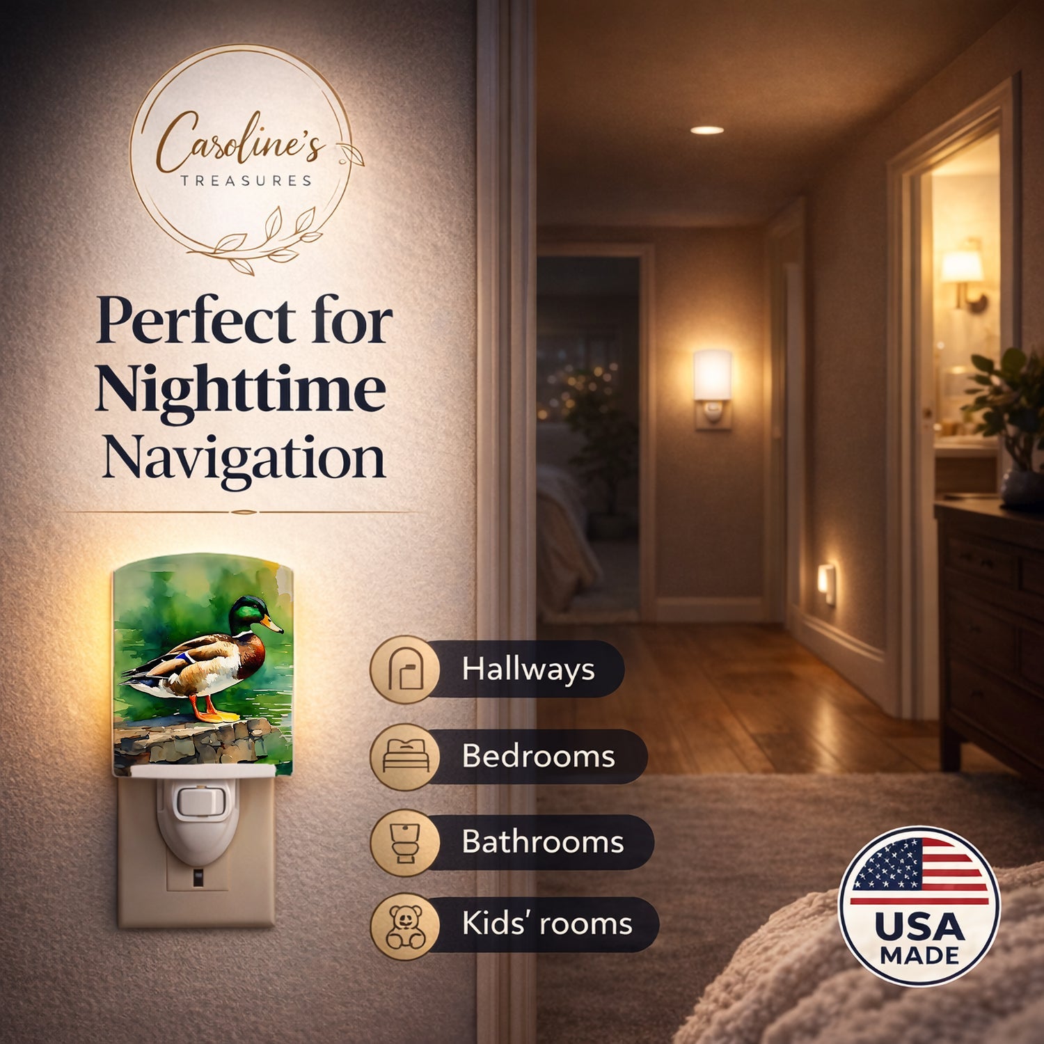 Mallard Duck Standing Pond Edge Ceramic Night Light Compact, UL-Certified, Ideal for Bedroom, Bathroom, Nursery, Hallway, Kitchen, 6x4x3, Multicolor
