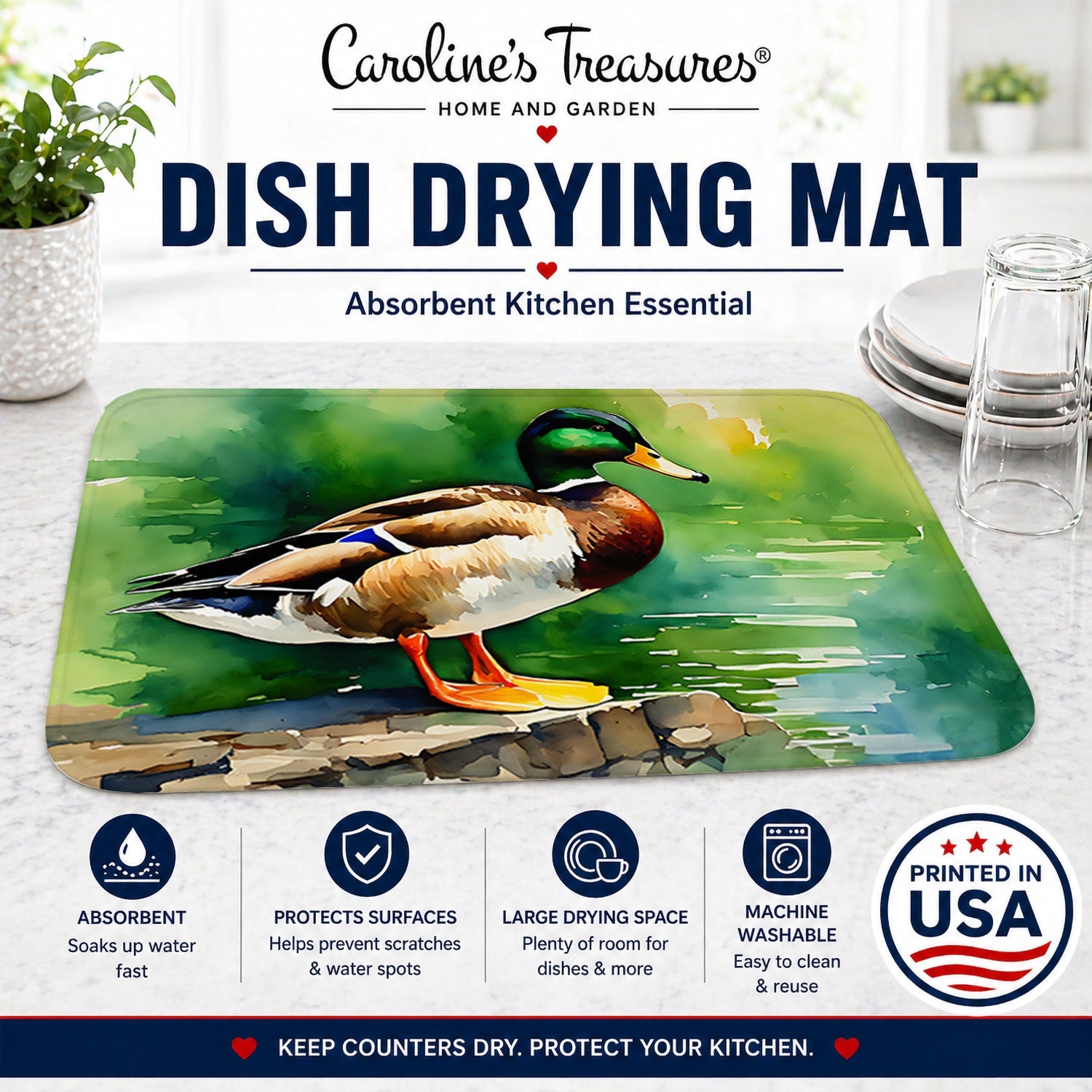 Mallard Duck Standing Pond Edge Dish Drying Mat Absorbent Dish Drying Mat Pad for Kitchen Counter Dish Drainer Mat for Countertop, 14 x 21", Multicolor