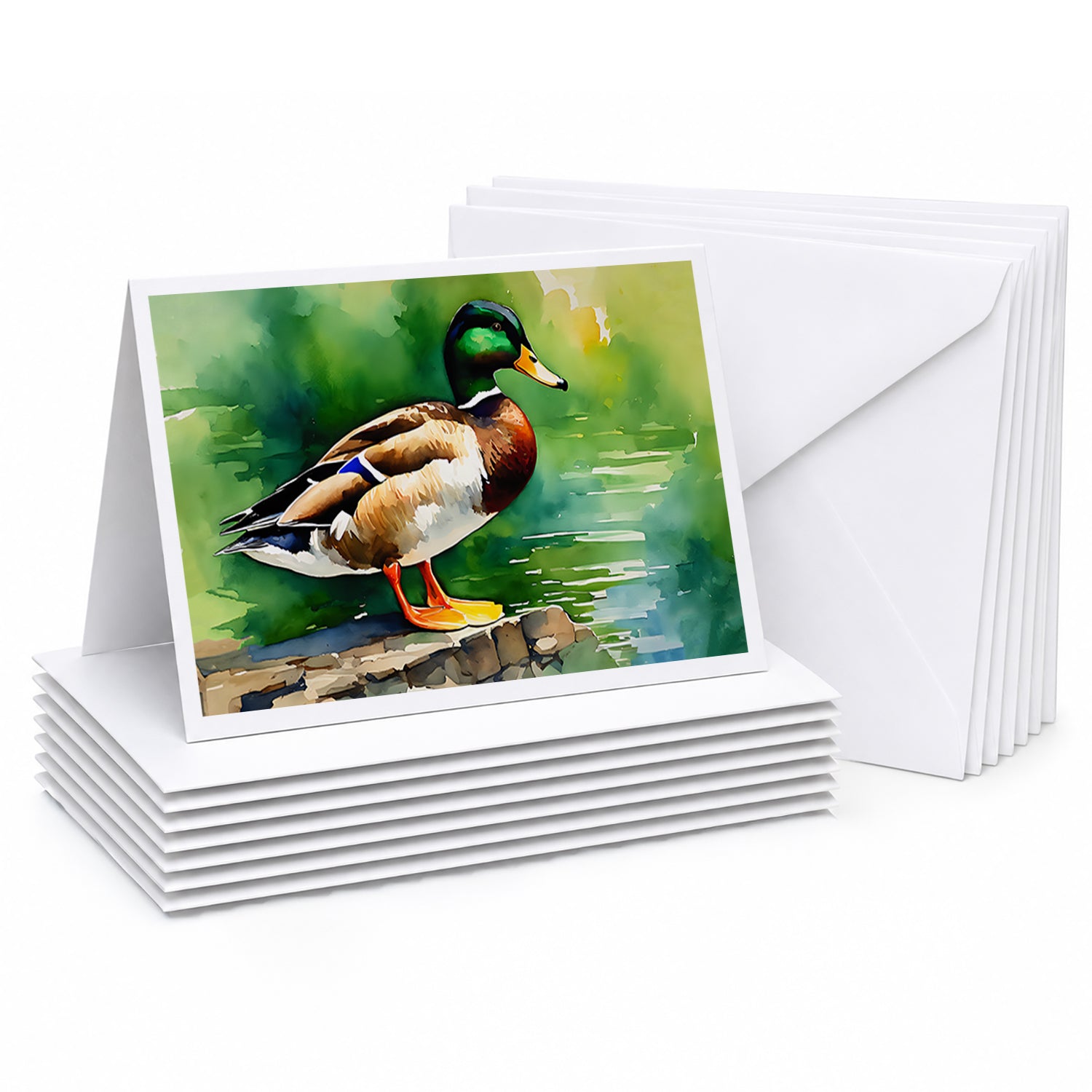 Mallard Duck Standing Pond Edge Greeting Cards Pack of 8 Blank Cards with Envelopes Whimsical A7 Size 5x7