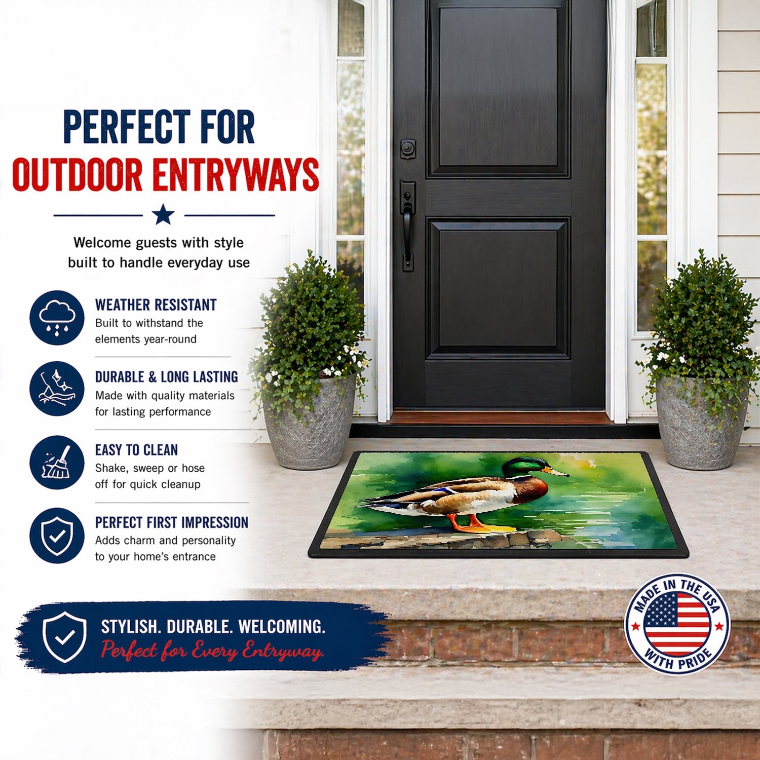Mallard Duck Standing Pond Edge Doormat Indoor Outdoor 24H X 36W Front Door Mat Rugs for Entryway, Non Slip Washable Low Pile,