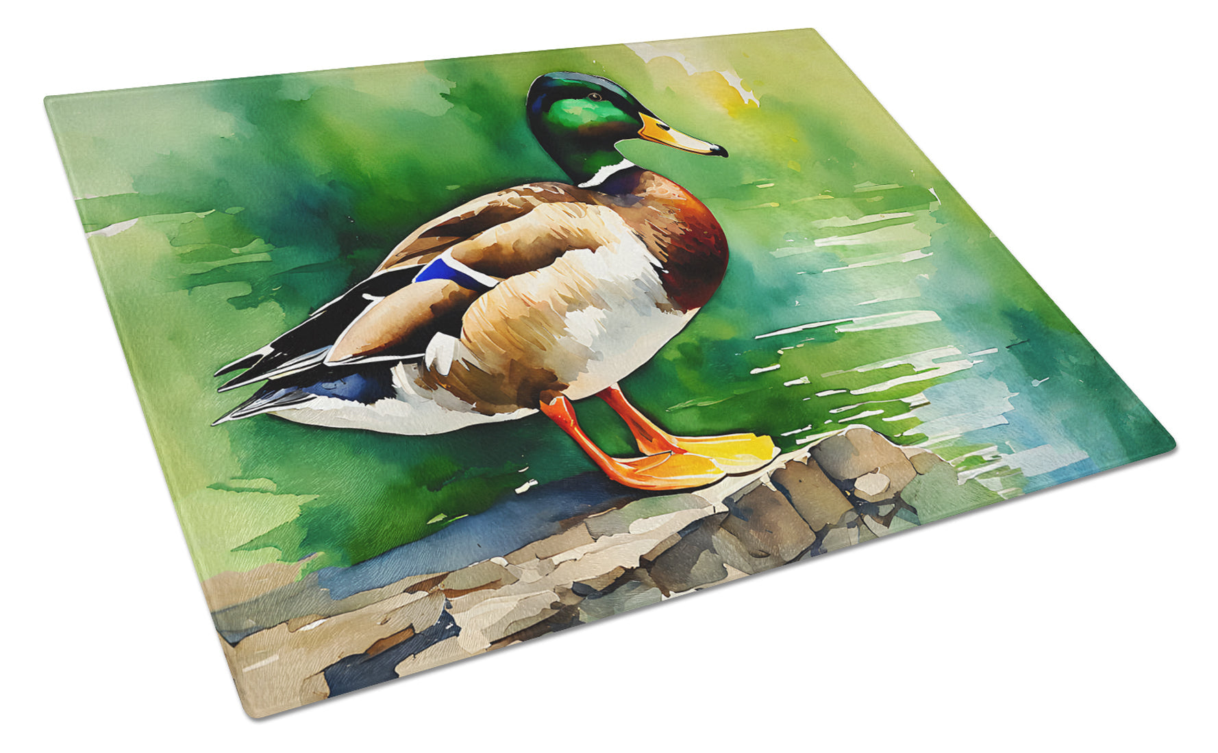 Mallard Duck Standing Pond Edge Cutting Board Tempered Glass Kitchen Cutting Surface, Heat Resistant Chopping, Non-Slip Feet, Food Prep & Serving