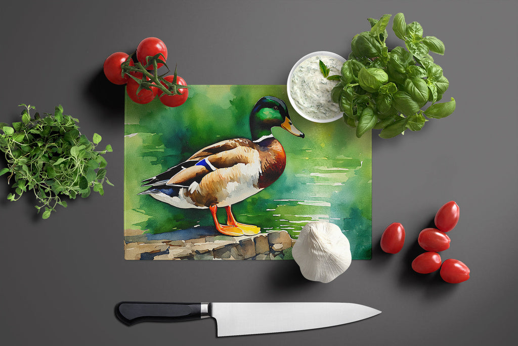 Mallard Duck Standing Pond Edge Cutting Board Tempered Glass Kitchen Cutting Surface, Heat Resistant Chopping, Non-Slip Feet, Food Prep & Serving