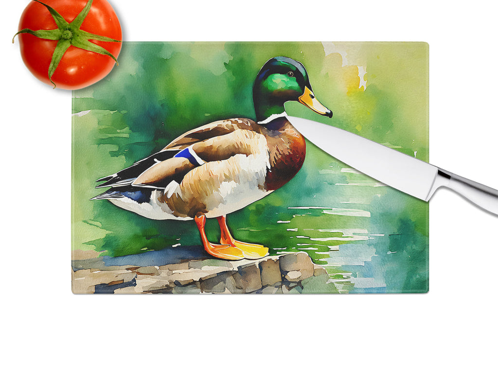 Mallard Duck Standing Pond Edge Cutting Board Tempered Glass Kitchen Cutting Surface, Heat Resistant Chopping, Non-Slip Feet, Food Prep & Serving