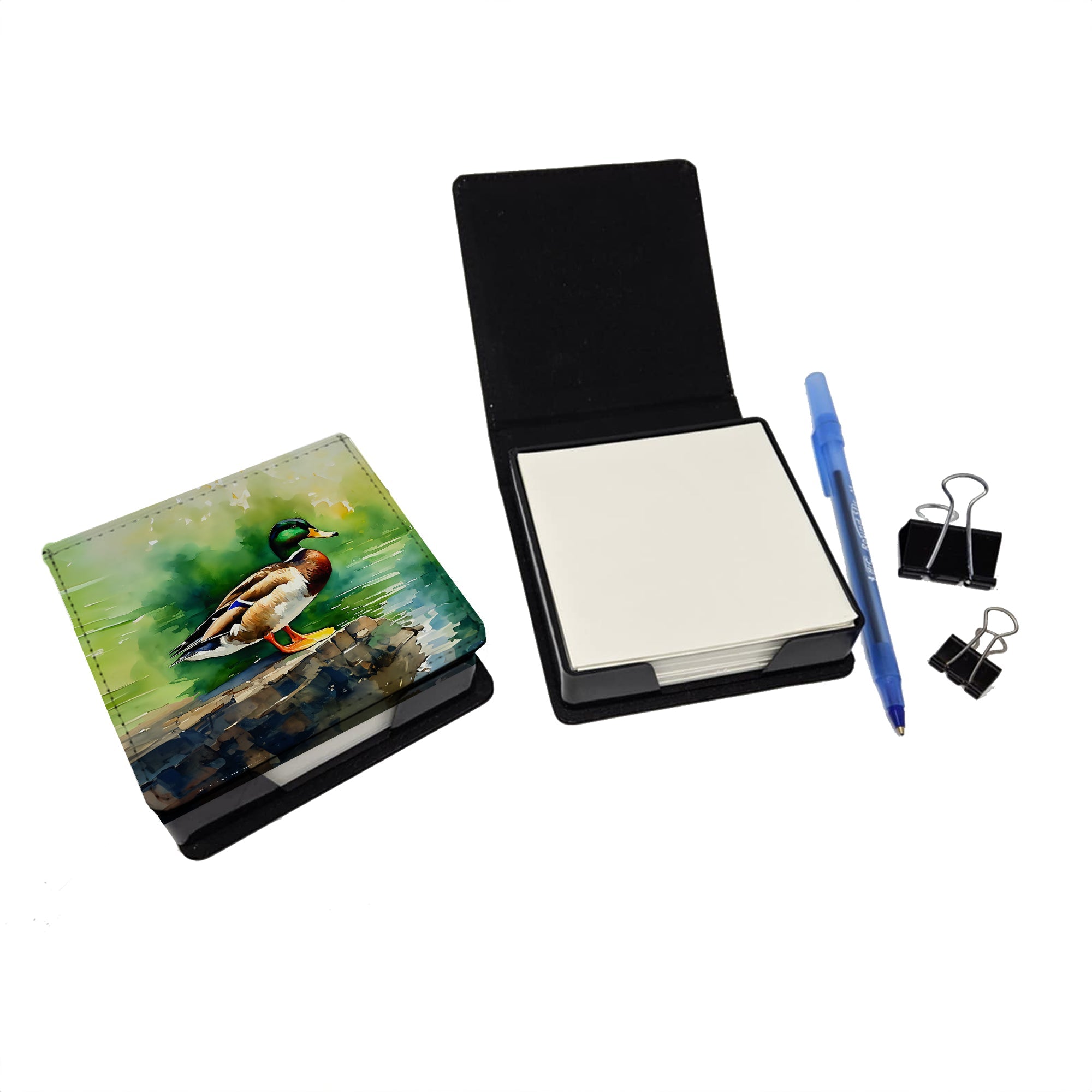 Mallard Duck Standing Pond Edge PU Leather Note Paper Holder with Artist-Designed Cover, Desk Accessory, Office Gift
