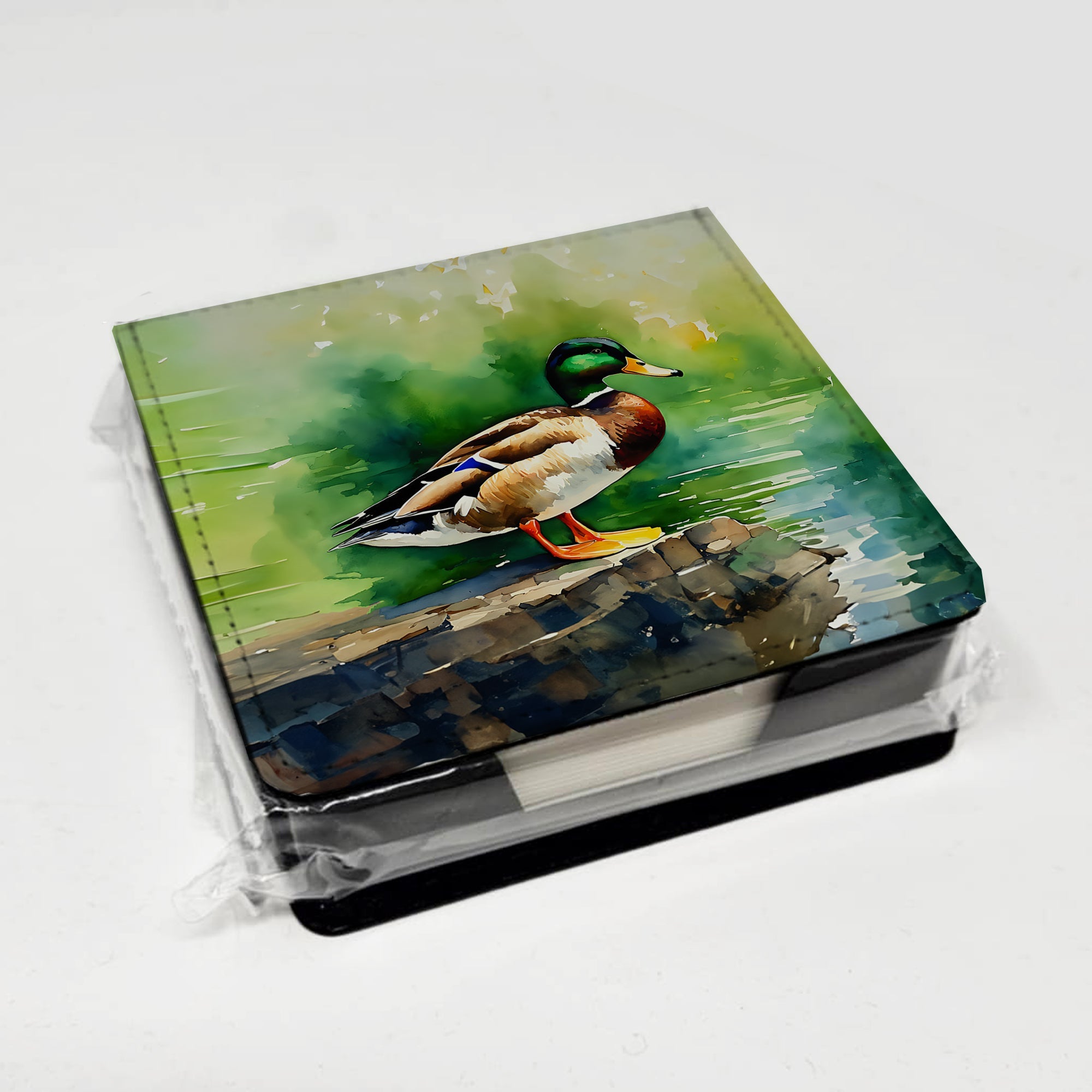 Mallard Duck Standing Pond Edge PU Leather Note Paper Holder with Artist-Designed Cover, Desk Accessory, Office Gift