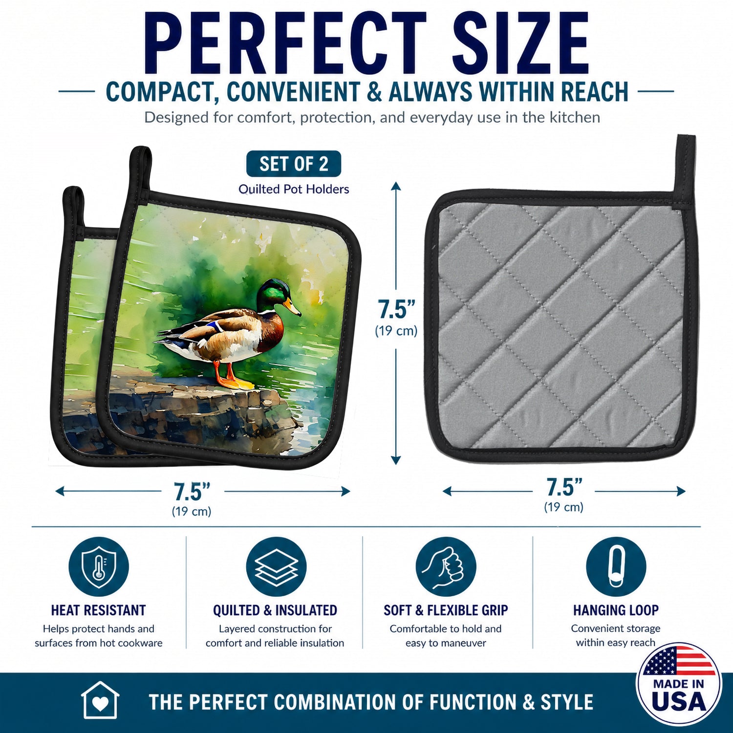 Mallard Duck Standing Pond Edge Pot Holder Set of 2 Heat Resistant Quilted Hot Pads 7.5 x 7.5 Inch, Insulated Kitchen Trivets for Cooking & Baking