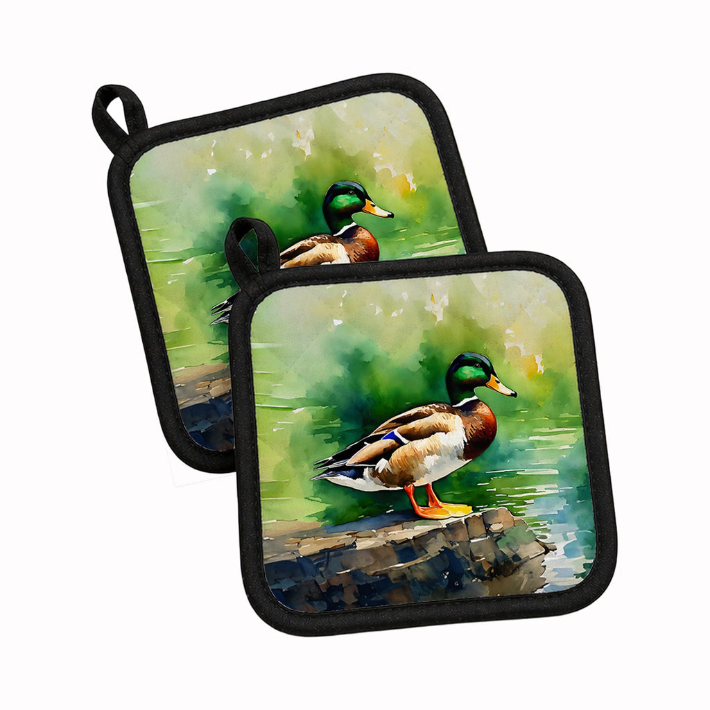 Mallard Duck Standing Pond Edge Pot Holder Set of 2 Heat Resistant Quilted Hot Pads 7.5 x 7.5 Inch, Insulated Kitchen Trivets for Cooking & Baking
