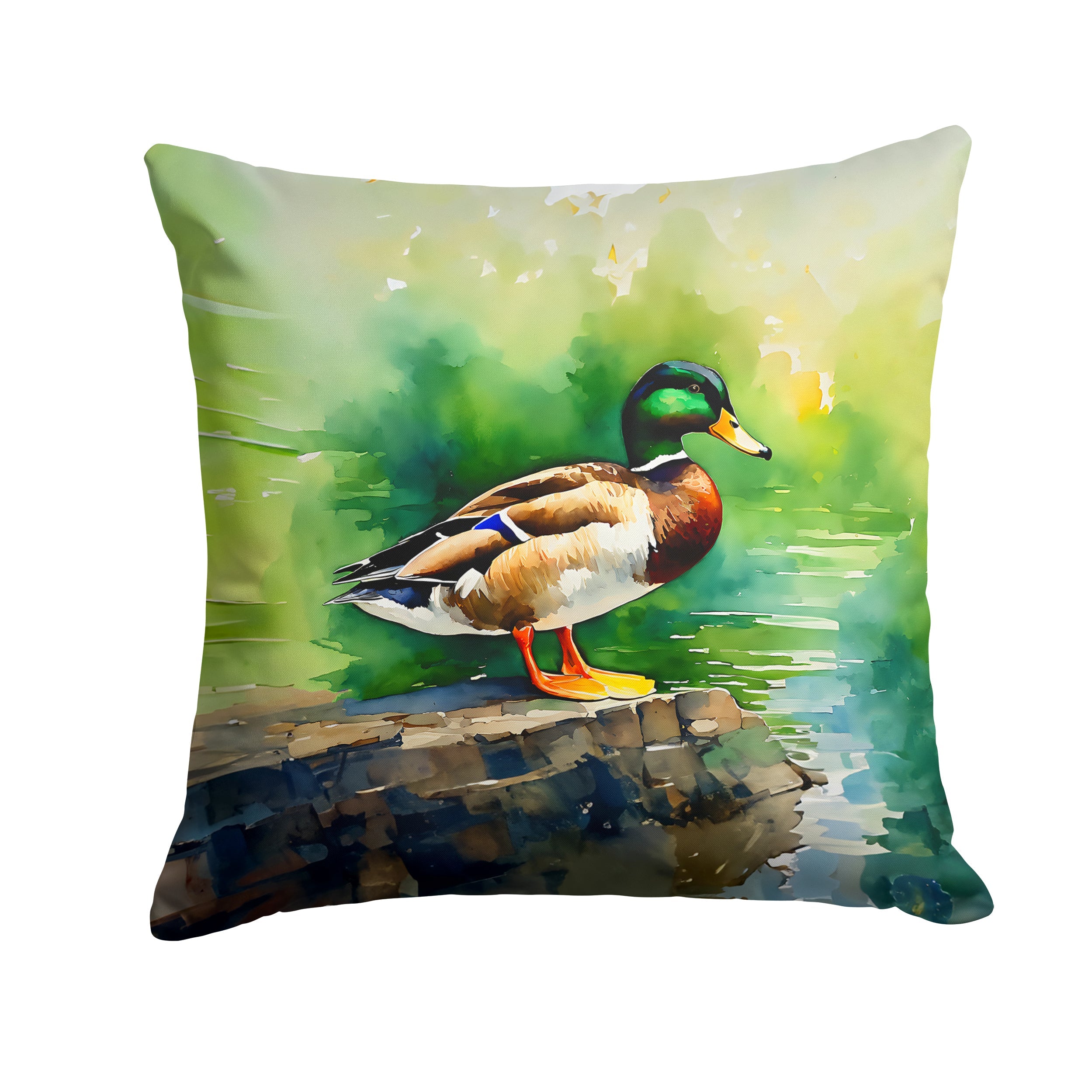 Mallard Duck Standing Pond Edge Decorative Throw Pillow 14x14 Indoor Outdoor Accent Cushion, Fabric Cover with Insert for Sofa, Bed, Porch & Living Room