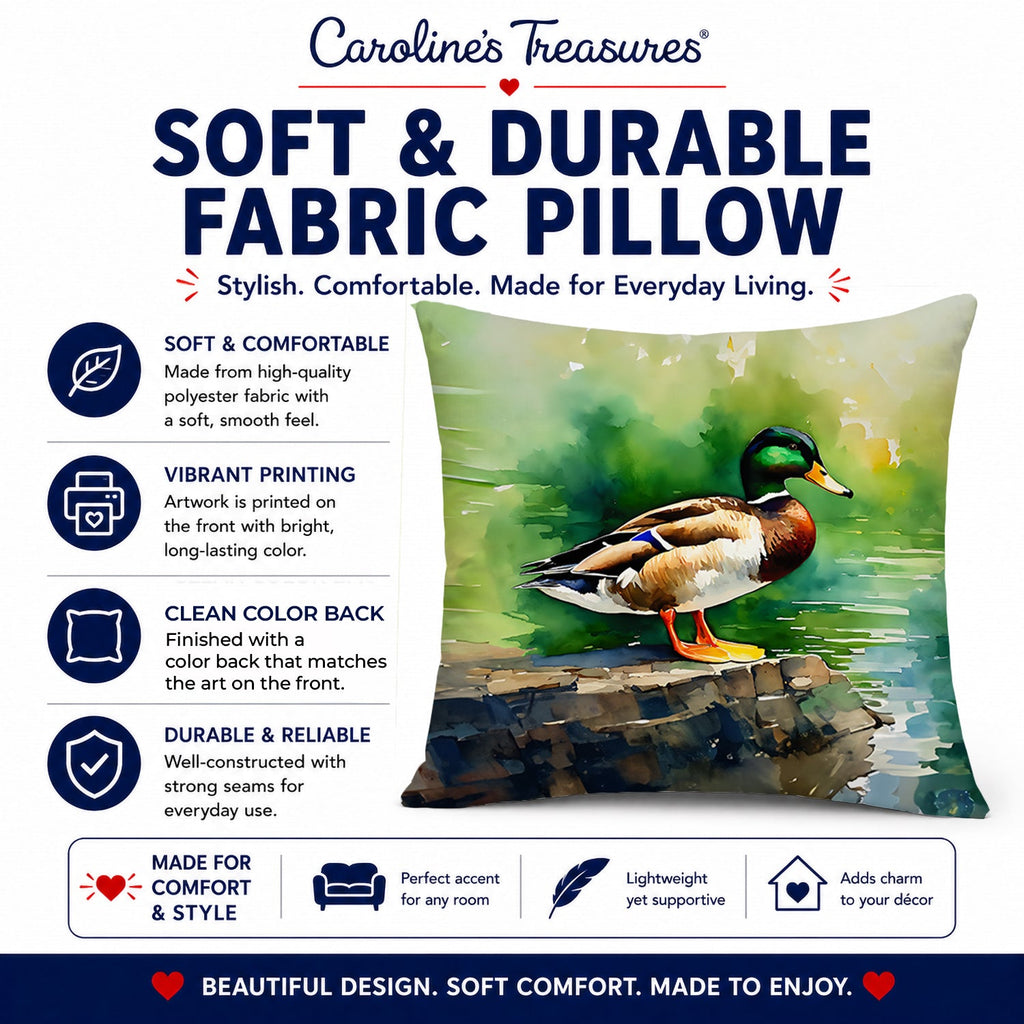 Mallard Duck Standing Pond Edge Decorative Throw Pillow 18x18 Indoor Outdoor Accent Cushion, Fabric Cover with Insert for Sofa, Bed, Porch & Living Room