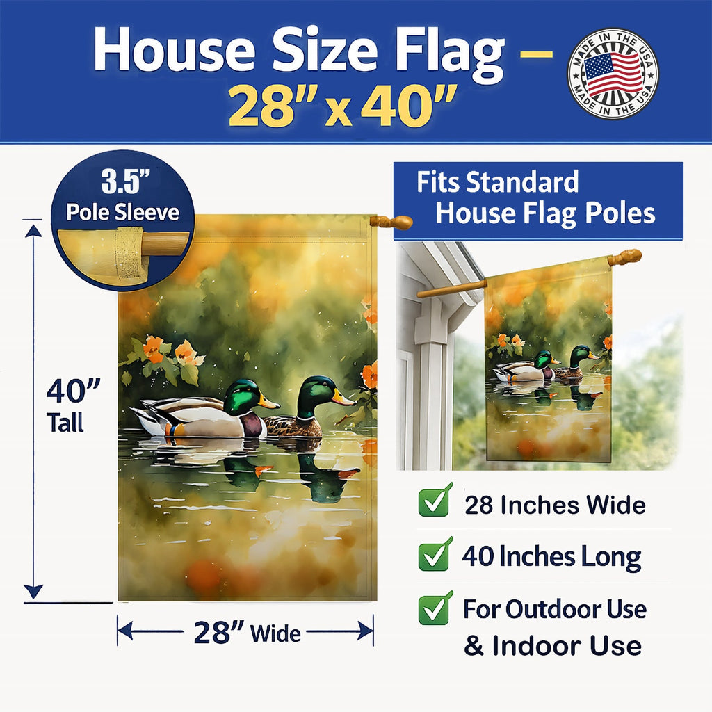 Mallard Ducks Swimming Pond House Flag 28x40 Porch Sleeve Pole Decorative Outside Yard Banner Artwork Wall Hanging, Polyester