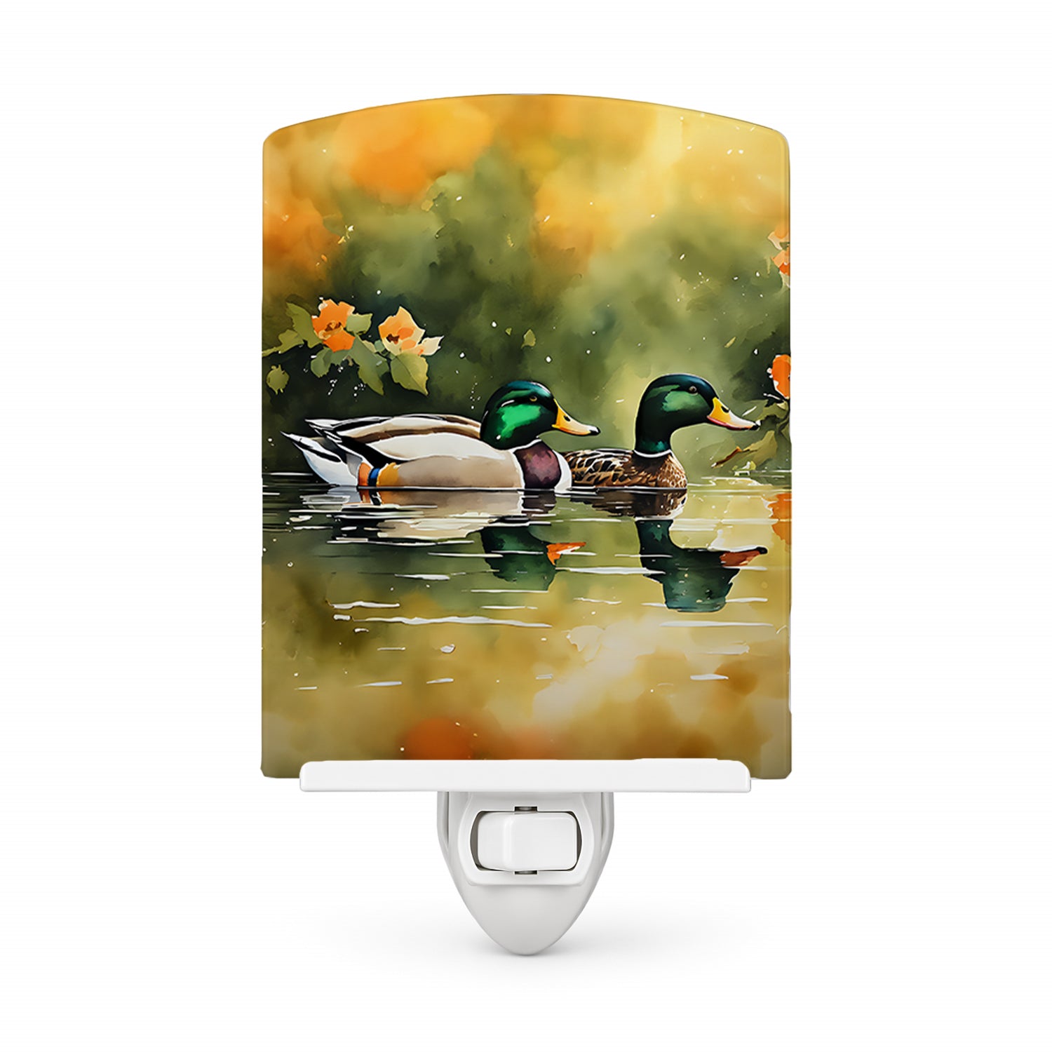 Mallard Ducks Swimming Pond Ceramic Night Light Compact, UL-Certified, Ideal for Bedroom, Bathroom, Nursery, Hallway, Kitchen, 6x4x3, Multicolor