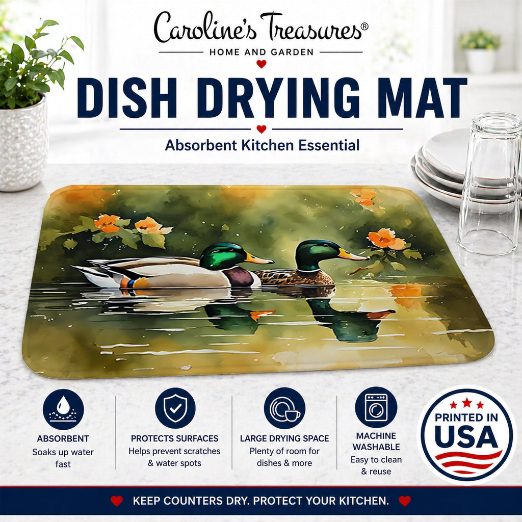 Mallard Ducks Swimming Pond Dish Drying Mat Absorbent Dish Drying Mat Pad for Kitchen Counter Dish Drainer Mat for Countertop, 14 x 21", Multicolor