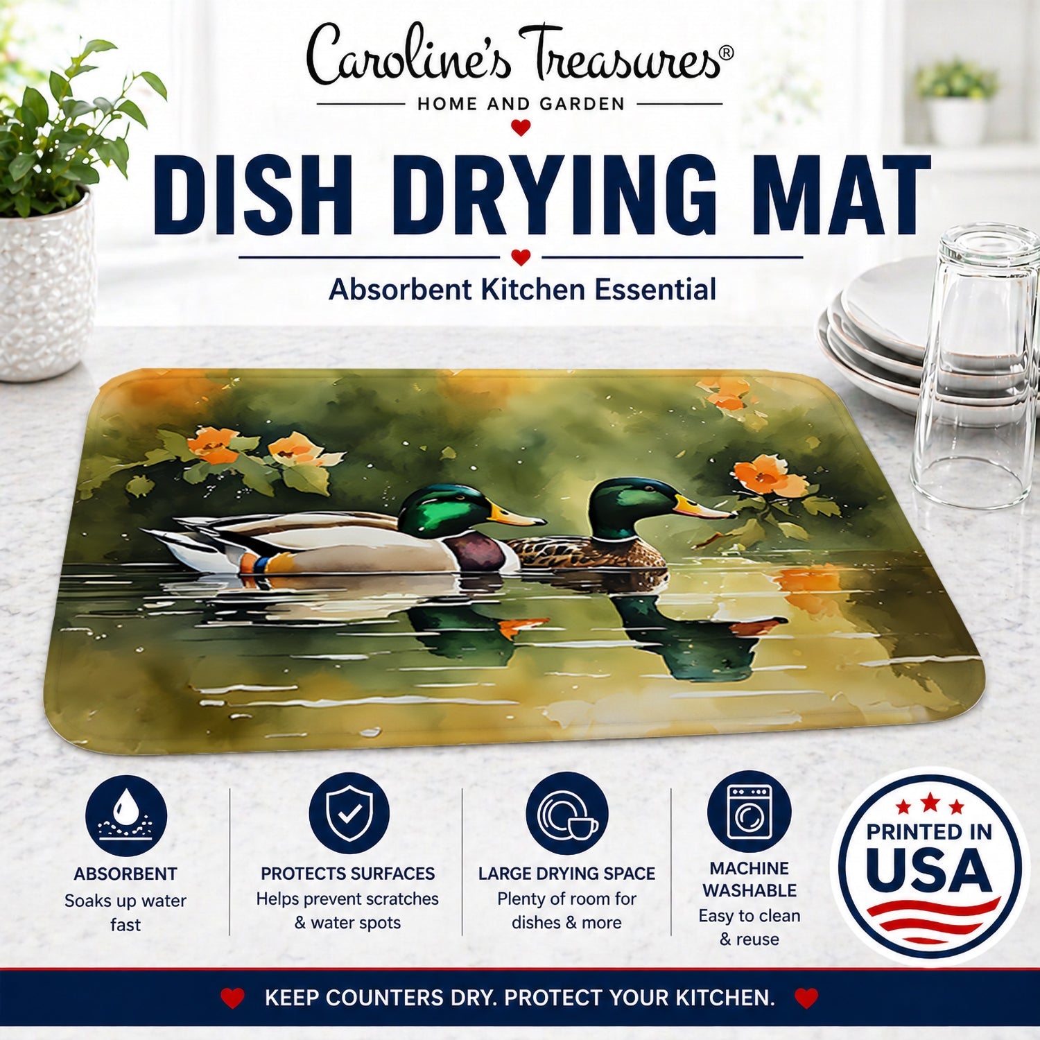 Mallard Ducks Swimming Pond Dish Drying Mat Absorbent Dish Drying Mat Pad for Kitchen Counter Dish Drainer Mat for Countertop, 14 x 21", Multicolor