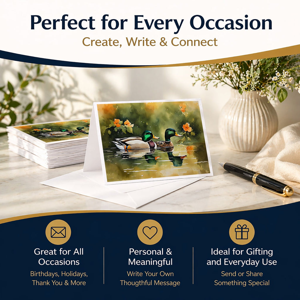 Mallard Ducks Swimming Pond Greeting Cards Pack of 8 Blank Cards with Envelopes Whimsical A7 Size 5x7