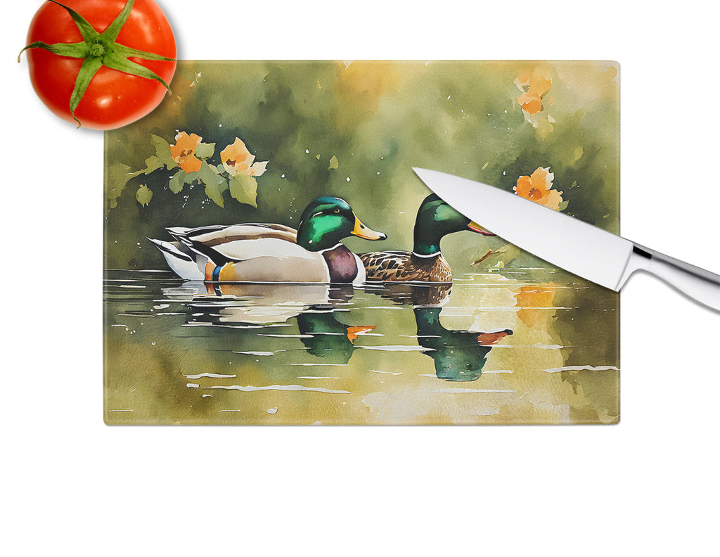 Mallard Ducks Swimming Pond Cutting Board Tempered Glass Kitchen Cutting Surface, Heat Resistant Chopping, Non-Slip Feet, Food Prep & Serving