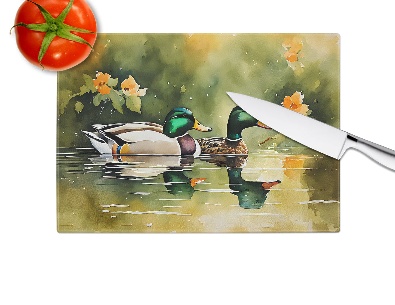 Mallard Ducks Swimming Pond Cutting Board Tempered Glass Kitchen Cutting Surface, Heat Resistant Chopping, Non-Slip Feet, Food Prep & Serving
