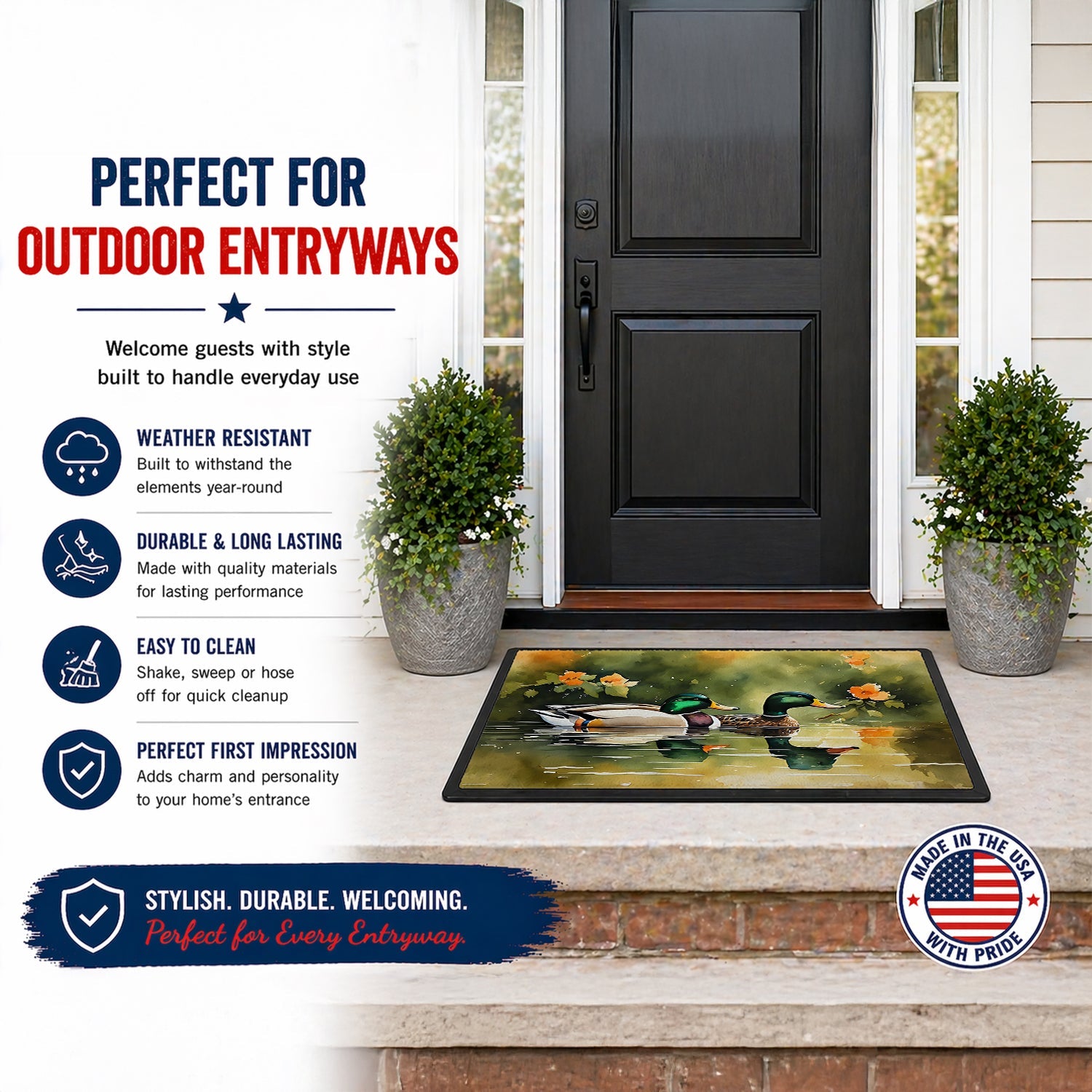 Mallard Ducks Swimming Pond Doormat Indoor Outdoor 18H X 27W Front Door Mat Rugs for Entryway, Non Slip Washable