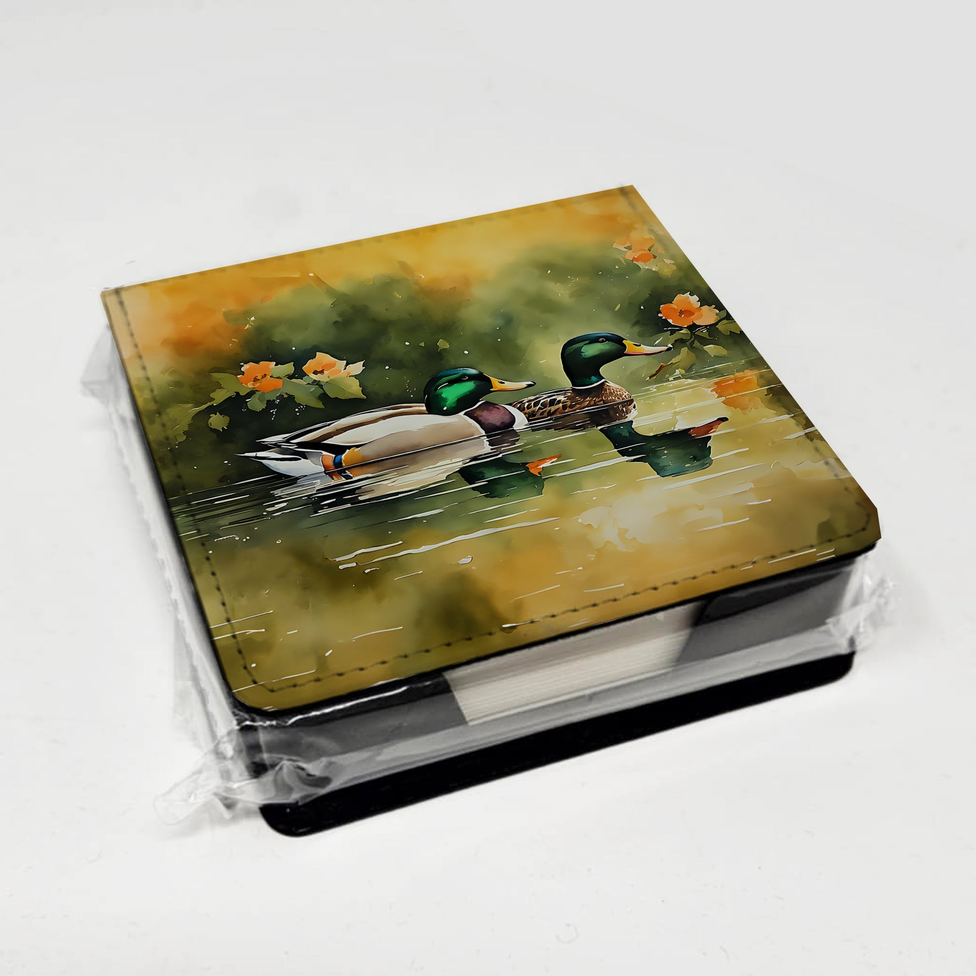 Mallard Ducks Swimming Pond PU Leather Note Paper Holder with Artist-Designed Cover, Desk Accessory, Office Gift