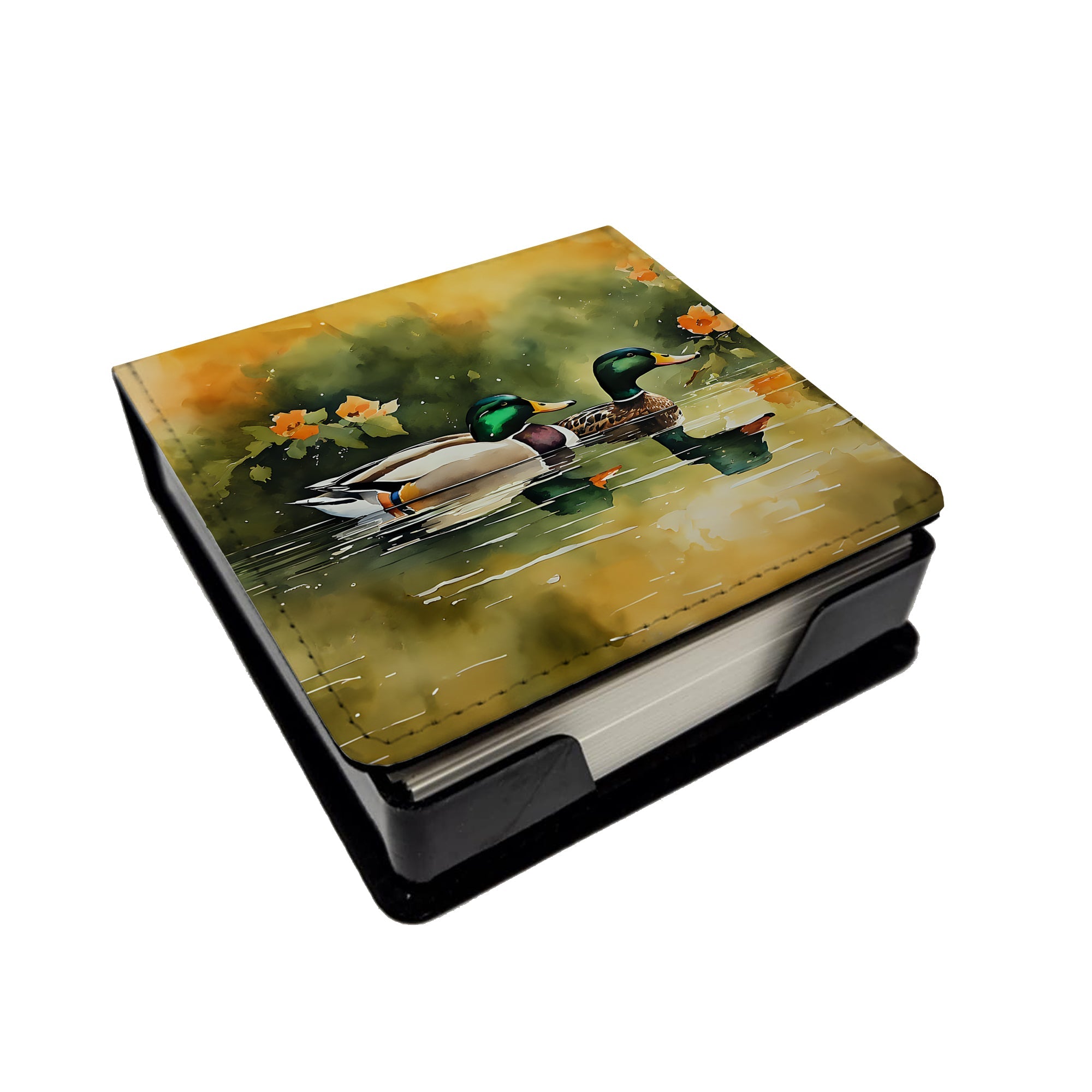 Mallard Ducks Swimming Pond PU Leather Note Paper Holder with Artist-Designed Cover, Desk Accessory, Office Gift