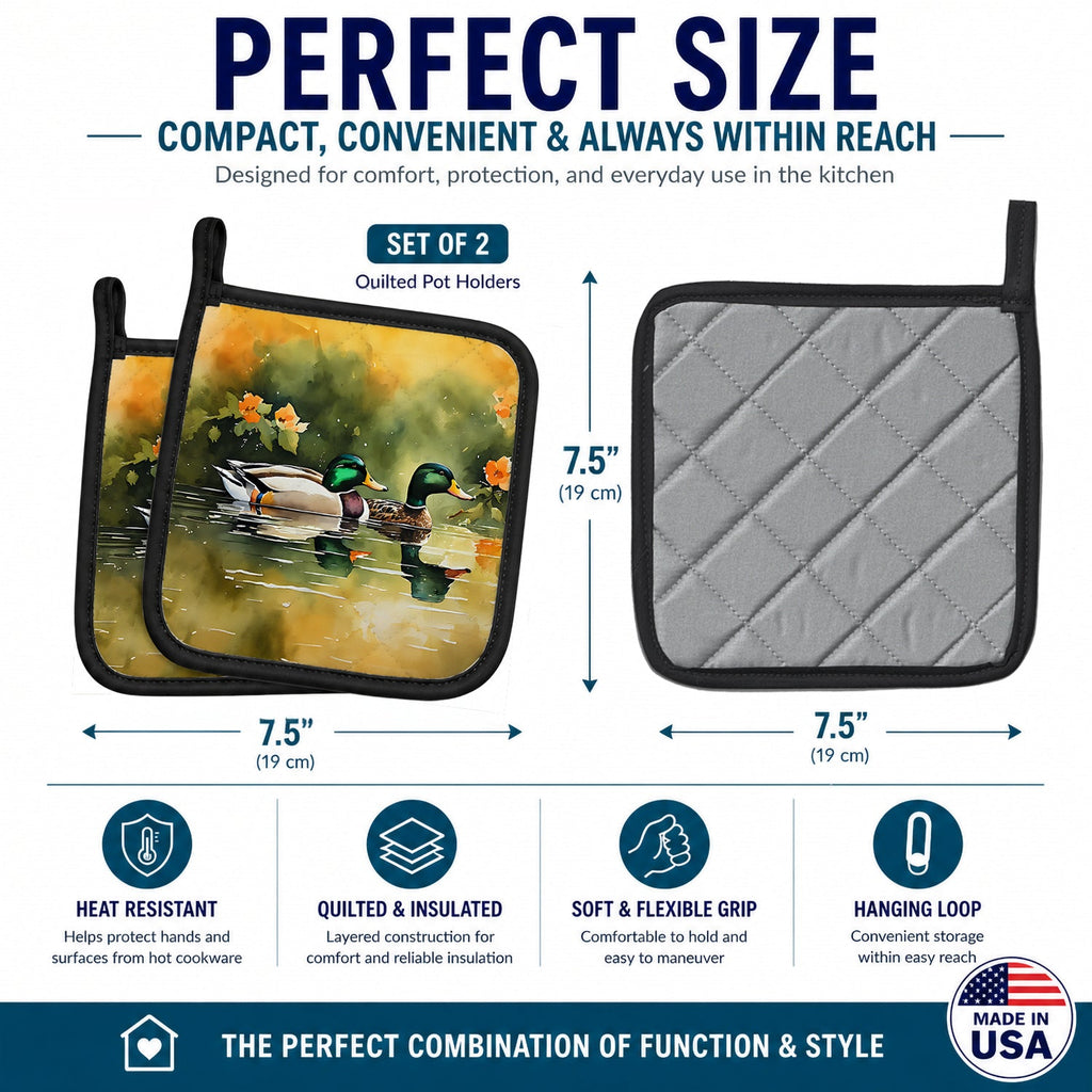 Mallard Ducks Swimming Pond Pot Holder Set of 2 Heat Resistant Quilted Hot Pads 7.5 x 7.5 Inch, Insulated Kitchen Trivets for Cooking & Baking