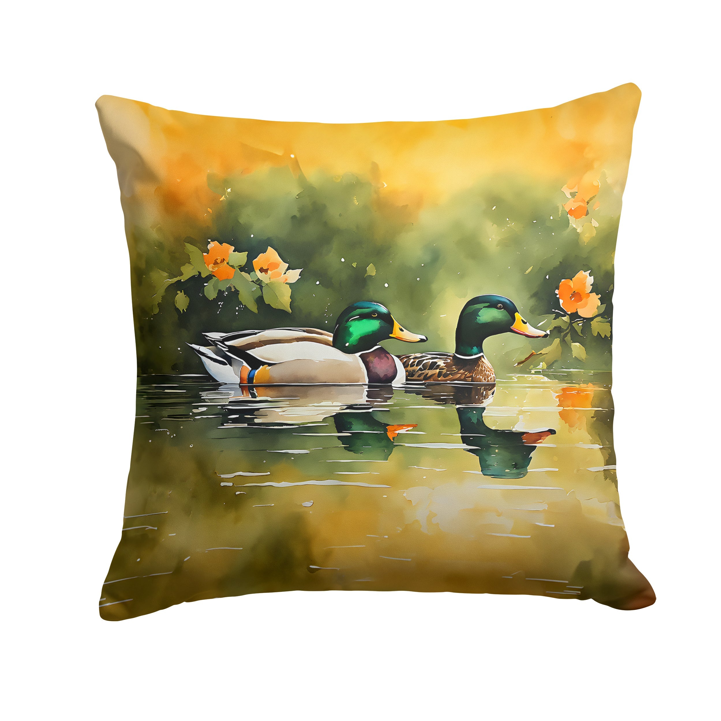 Mallard Ducks Swimming Pond Decorative Throw Pillow 14x14 Indoor Outdoor Accent Cushion, Fabric Cover with Insert for Sofa, Bed, Porch & Living Room