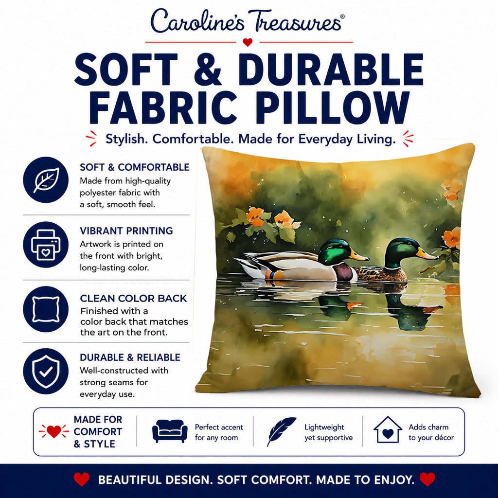Mallard Ducks Swimming Pond Decorative Throw Pillow 18x18 Indoor Outdoor Accent Cushion, Fabric Cover with Insert for Sofa, Bed, Porch & Living Room