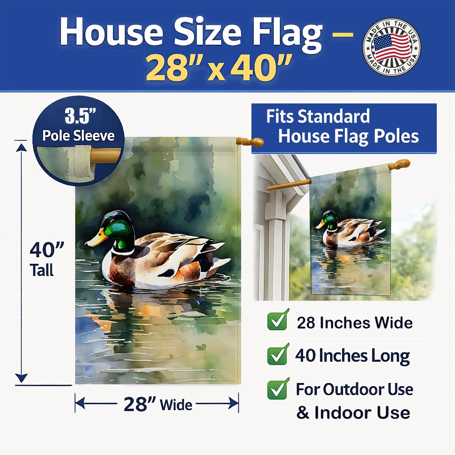 Mallard Duck Swimming Calm Water House Flag 28x40 Porch Sleeve Pole Decorative Outside Yard Banner Artwork Wall Hanging, Polyester