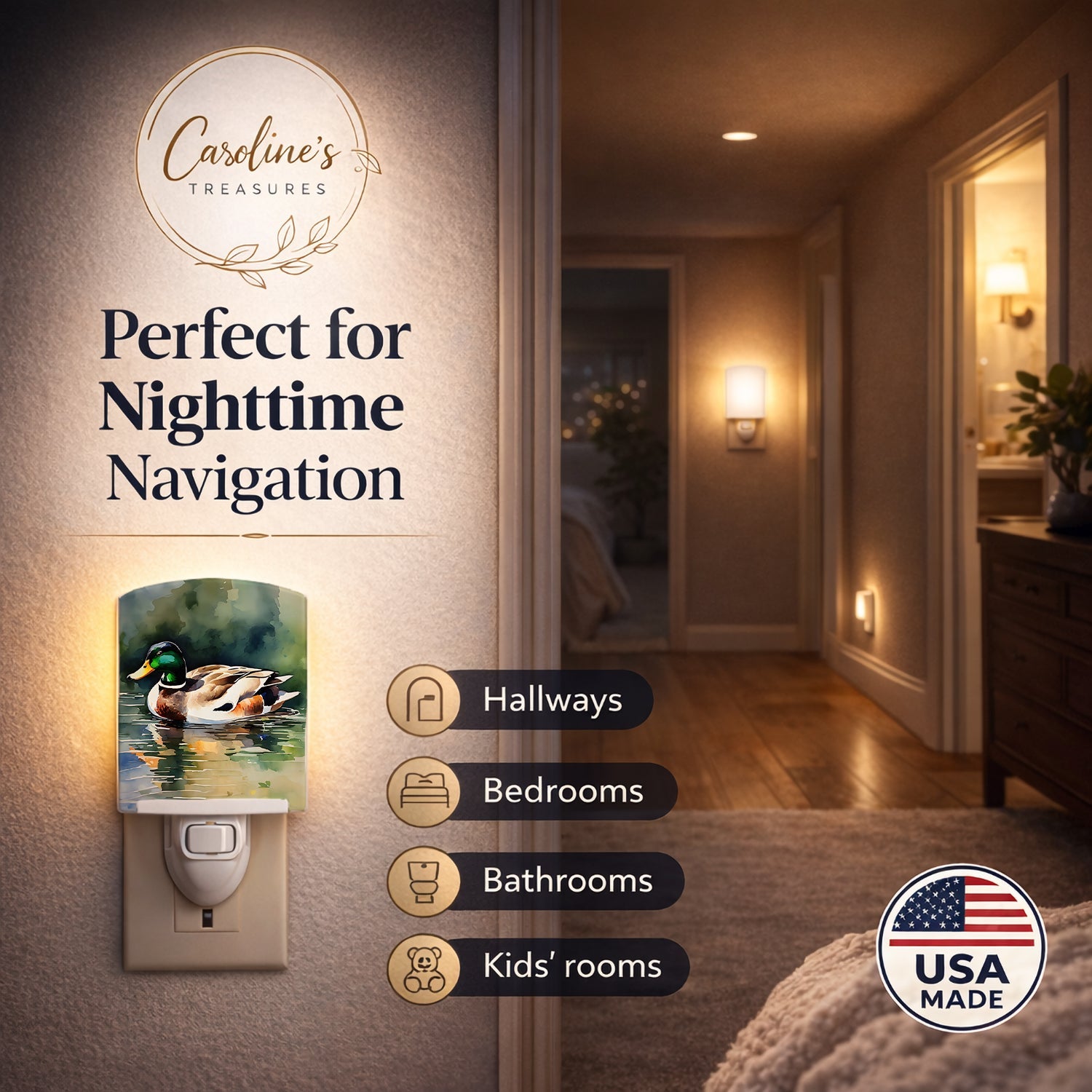 Mallard Duck Swimming Calm Water Ceramic Night Light Compact, UL-Certified, Ideal for Bedroom, Bathroom, Nursery, Hallway, Kitchen, 6x4x3, Multicolor