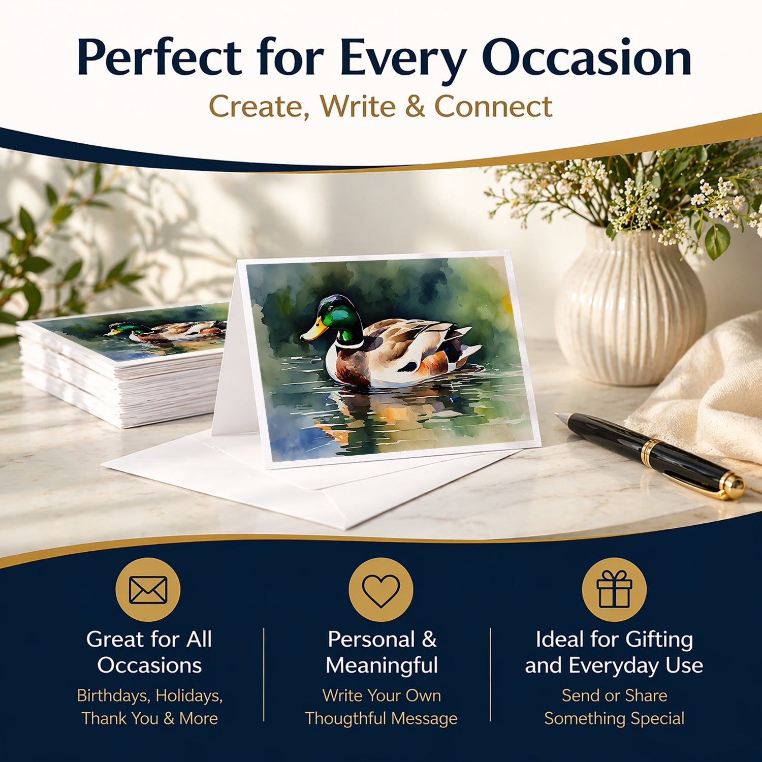 Mallard Duck Swimming Calm Water Greeting Cards Pack of 8 Blank Cards with Envelopes Whimsical A7 Size 5x7