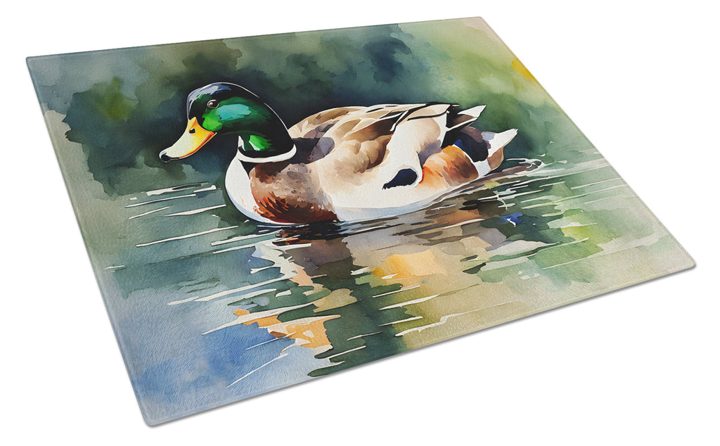 Mallard Duck Swimming Calm Water Cutting Board Tempered Glass Kitchen Cutting Surface, Heat Resistant Chopping, Non-Slip Feet, Food Prep & Serving