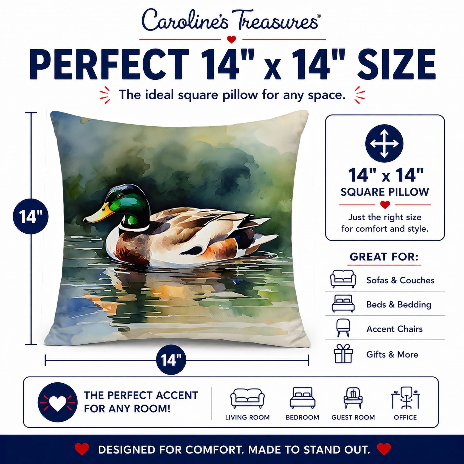 Mallard Duck Swimming Calm Water Decorative Throw Pillow 14x14 Indoor Outdoor Accent Cushion, Fabric Cover with Insert for Sofa, Bed, Porch & Living Room