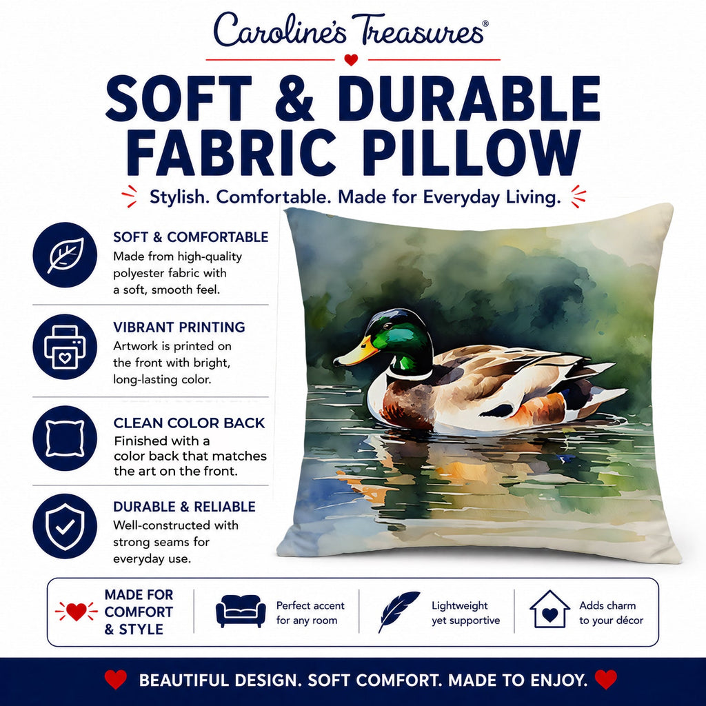 Mallard Duck Swimming Calm Water Decorative Throw Pillow 18x18 Indoor Outdoor Accent Cushion, Fabric Cover with Insert for Sofa, Bed, Porch & Living Room