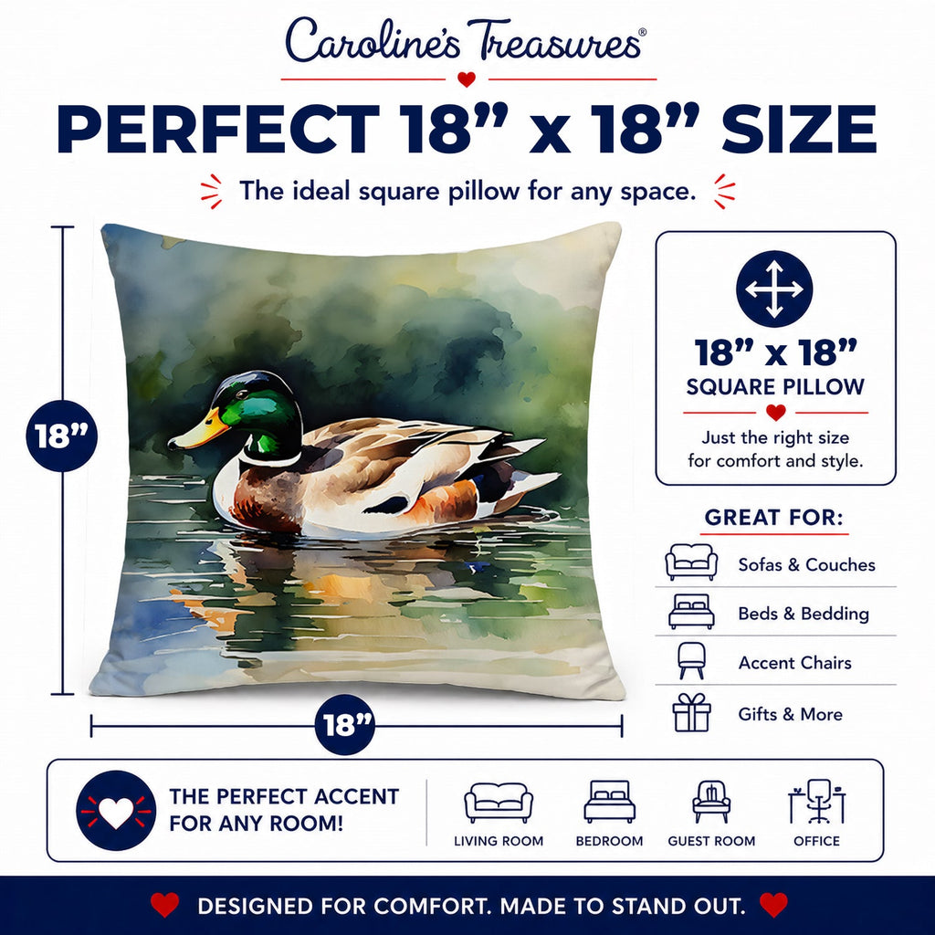 Mallard Duck Swimming Calm Water Decorative Throw Pillow 18x18 Indoor Outdoor Accent Cushion, Fabric Cover with Insert for Sofa, Bed, Porch & Living Room