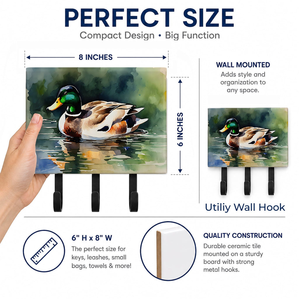 Mallard Duck Swimming Calm Water Leash or Key Holder Wall Hooks, Coat Rack Wall Mount, for Hanging Keys, Towels, Aprons, Leashes