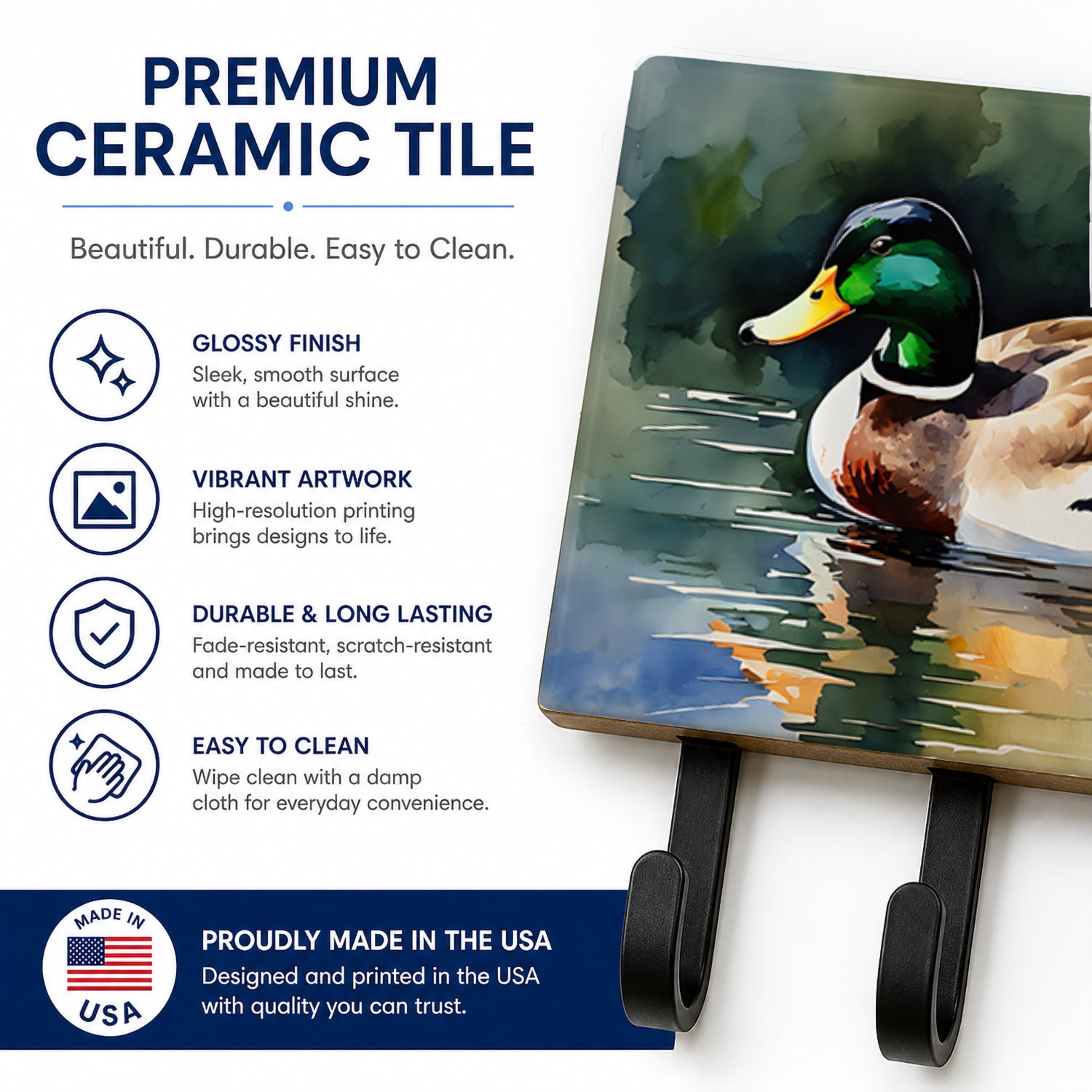 Mallard Duck Swimming Calm Water Leash or Key Holder Wall Hooks, Coat Rack Wall Mount, for Hanging Keys, Towels, Aprons, Leashes