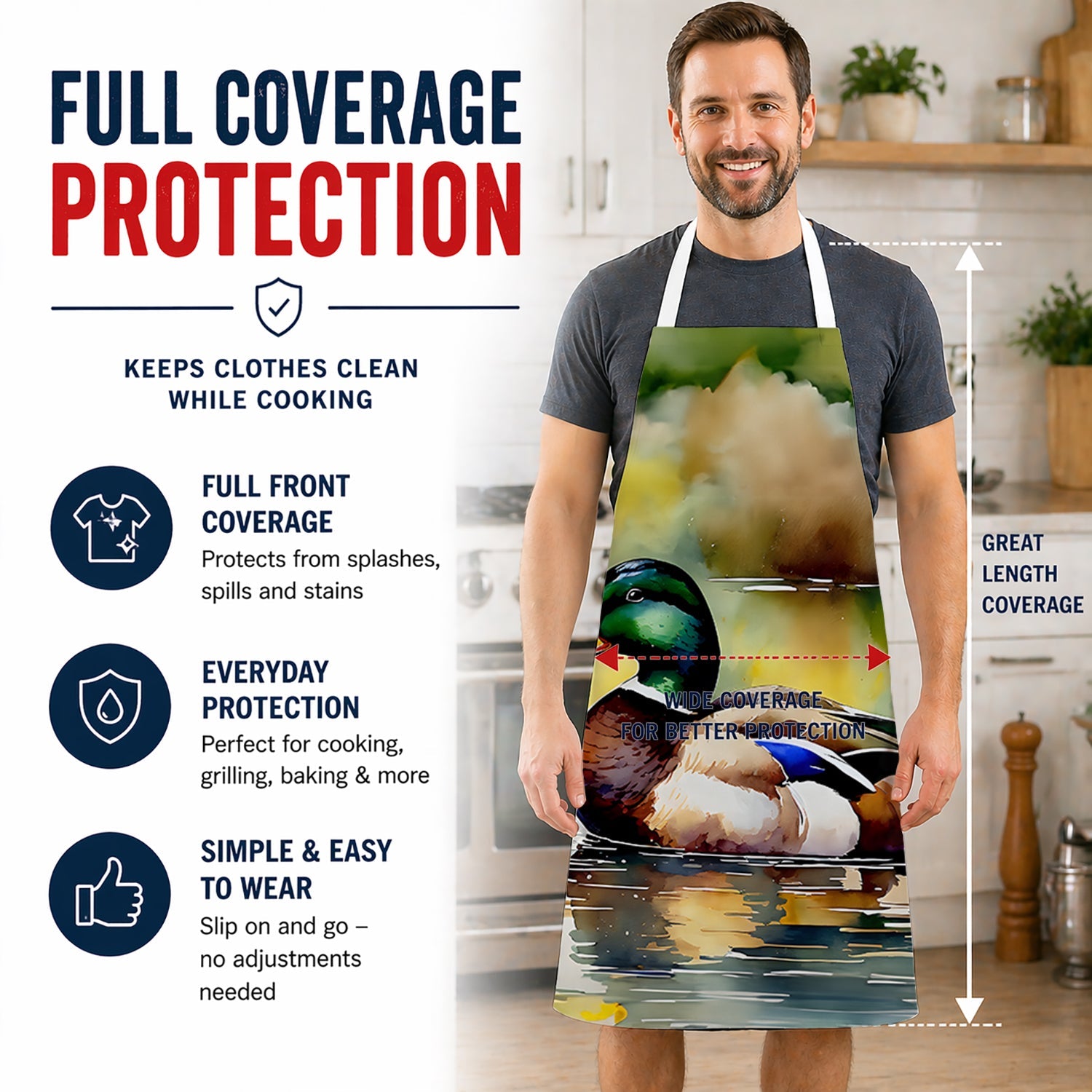 Mallard Duck Floating Pond Reflection Apron Cooking Kitchen Server Baking Crafts Gardening for Adult Women Men, Unisex, Large, Multicolor
