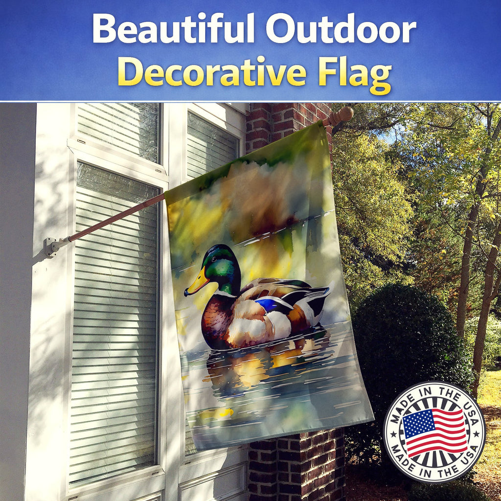 Mallard Duck Floating Pond Reflection House Flag 28x40 Porch Sleeve Pole Decorative Outside Yard Banner Artwork Wall Hanging, Polyester