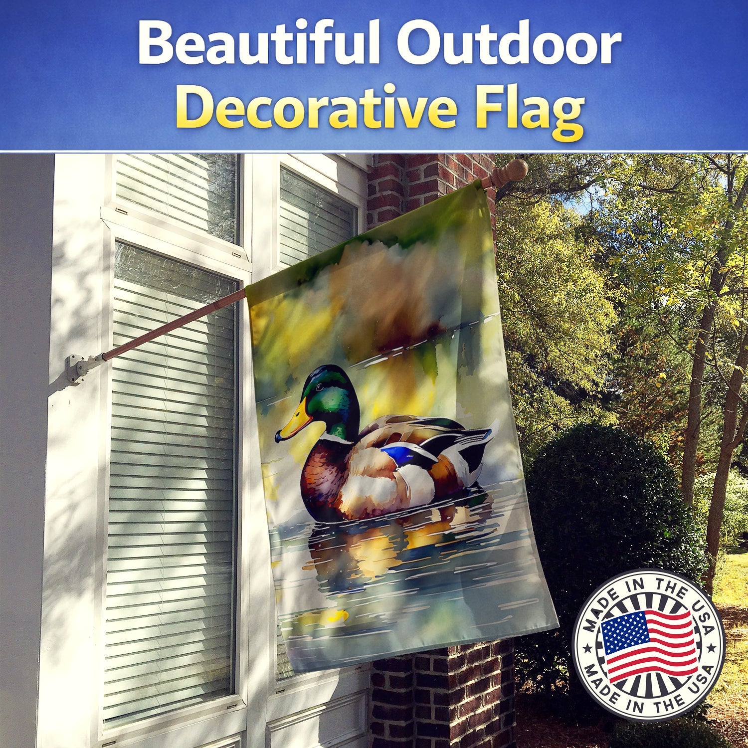 Mallard Duck Floating Pond Reflection House Flag 28x40 Porch Sleeve Pole Decorative Outside Yard Banner Artwork Wall Hanging, Polyester