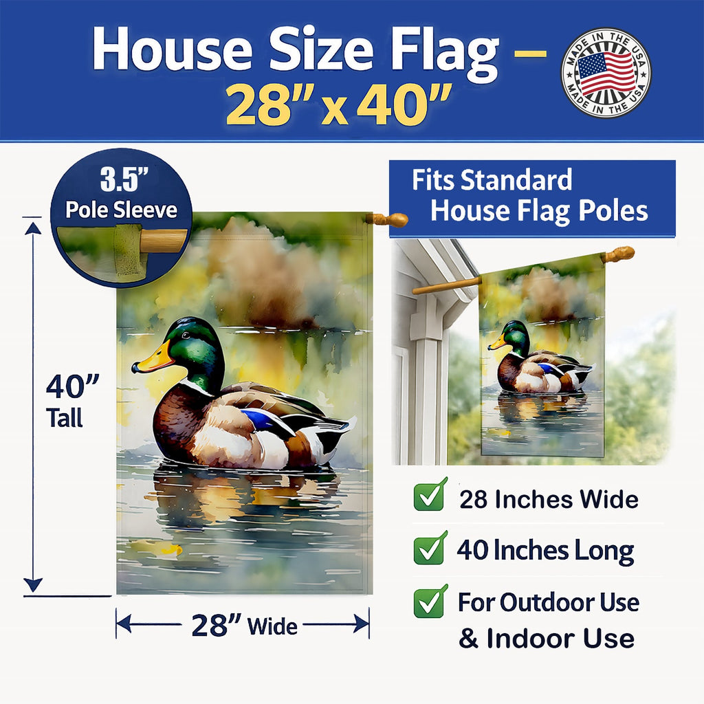 Mallard Duck Floating Pond Reflection House Flag 28x40 Porch Sleeve Pole Decorative Outside Yard Banner Artwork Wall Hanging, Polyester