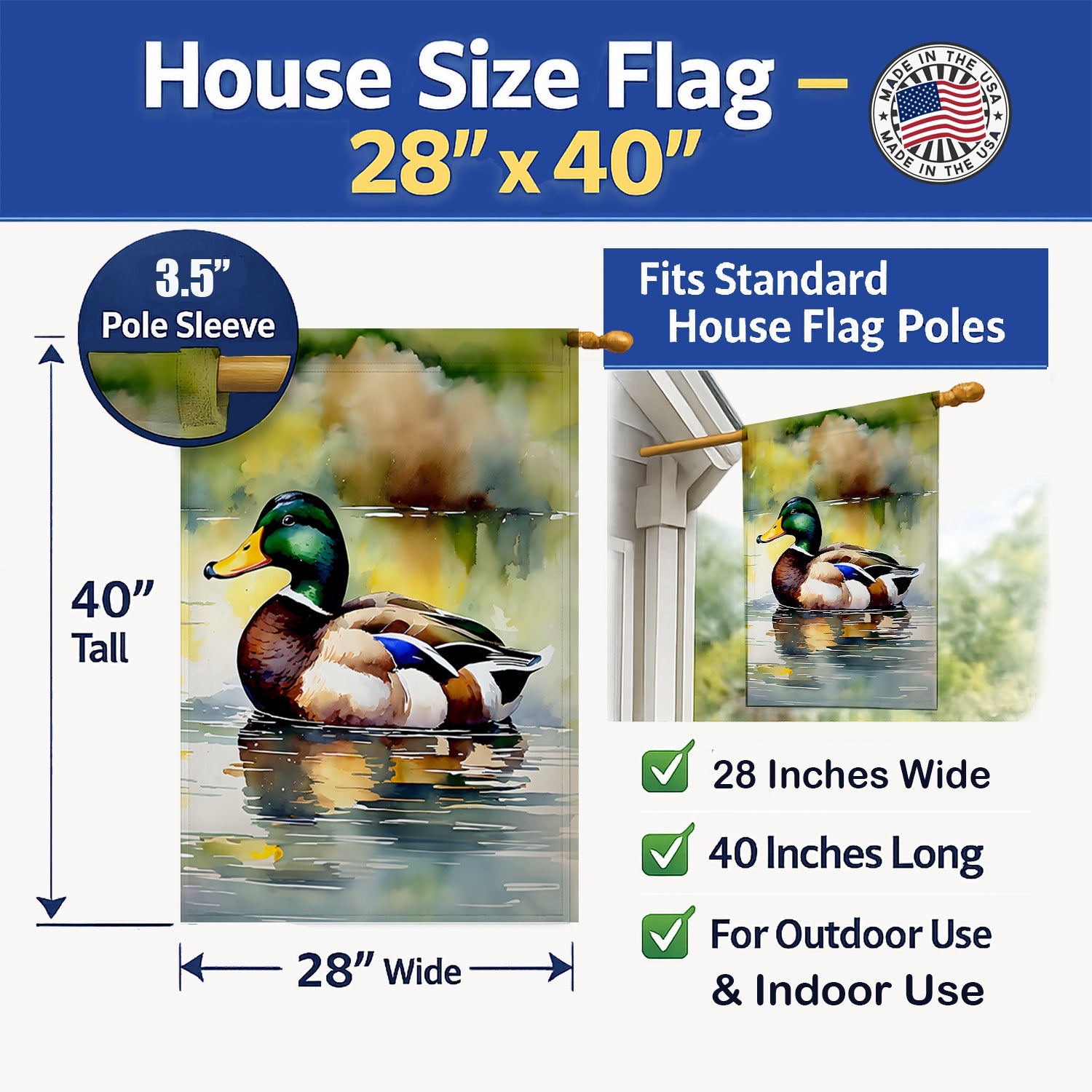 Mallard Duck Floating Pond Reflection House Flag 28x40 Porch Sleeve Pole Decorative Outside Yard Banner Artwork Wall Hanging, Polyester