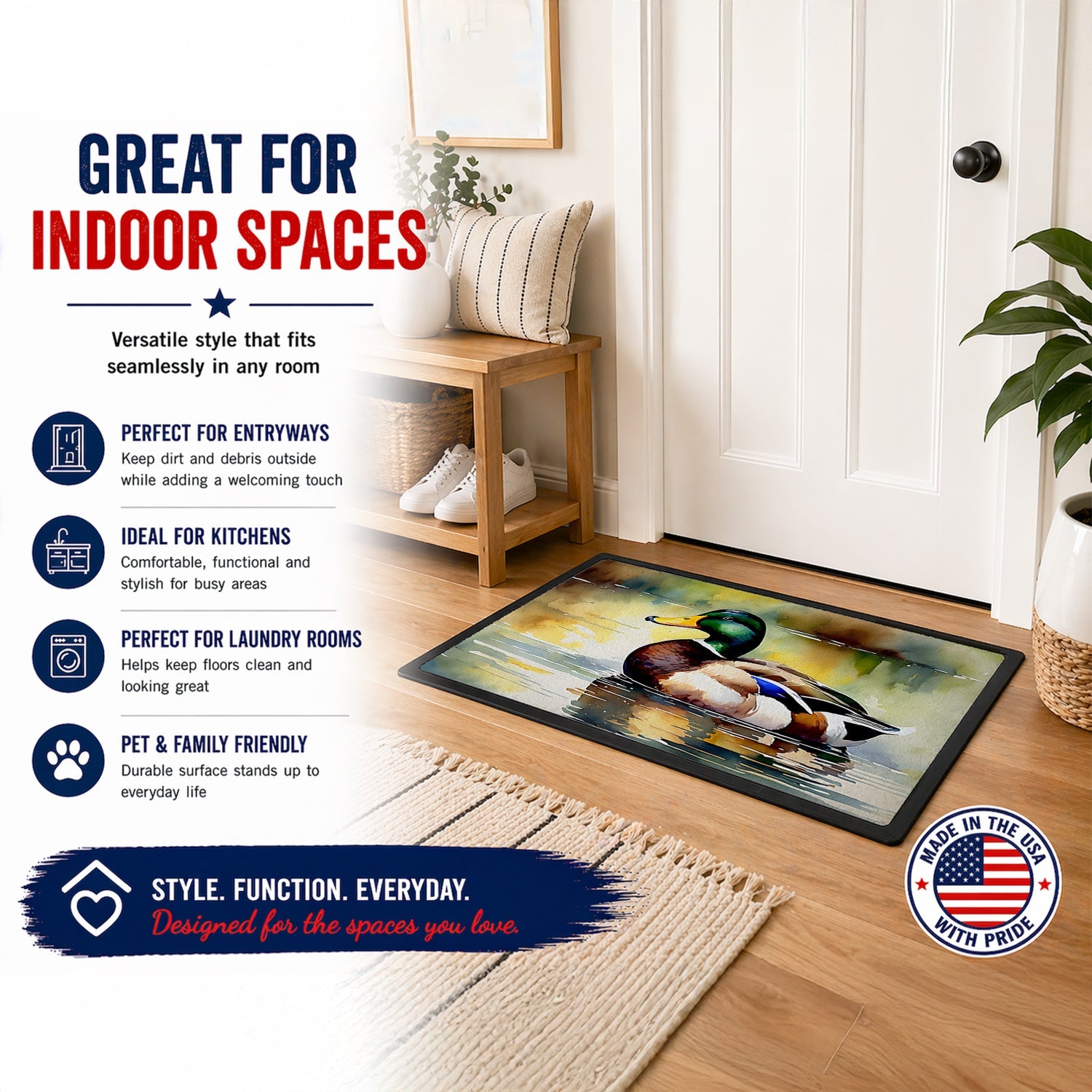 Mallard Duck Floating Pond Reflection Doormat Indoor Outdoor 24H X 36W Front Door Mat Rugs for Entryway, Non Slip Washable Low Pile,