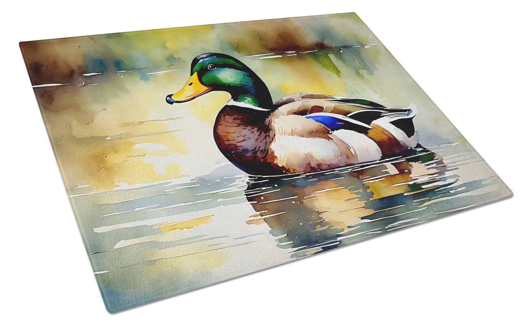 Mallard Duck Floating Pond Reflection Cutting Board Tempered Glass Kitchen Cutting Surface, Heat Resistant Chopping, Non-Slip Feet, Food Prep & Serving