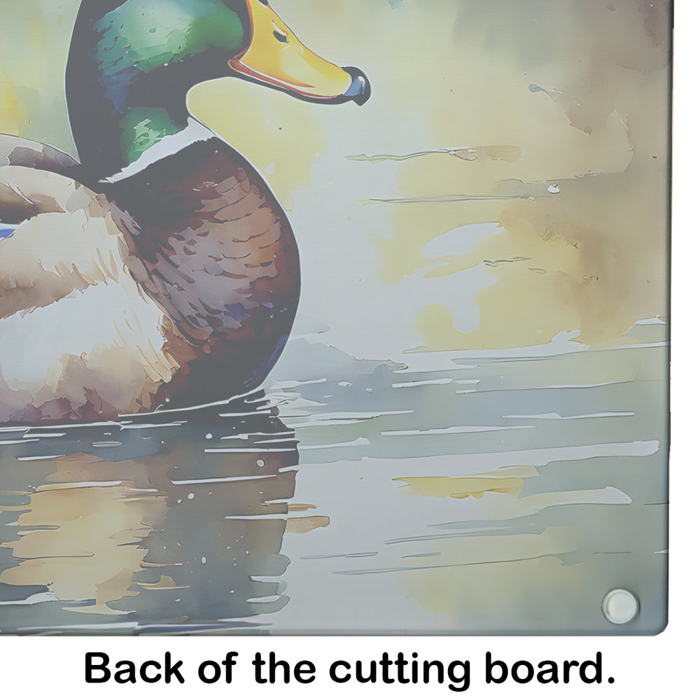 Mallard Duck Floating Pond Reflection Cutting Board Tempered Glass Kitchen Cutting Surface, Heat Resistant Chopping, Non-Slip Feet, Food Prep & Serving