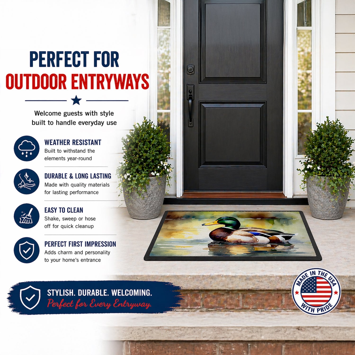 Mallard Duck Floating Pond Reflection Doormat Indoor Outdoor 18H X 27W Front Door Mat Rugs for Entryway, Non Slip Washable