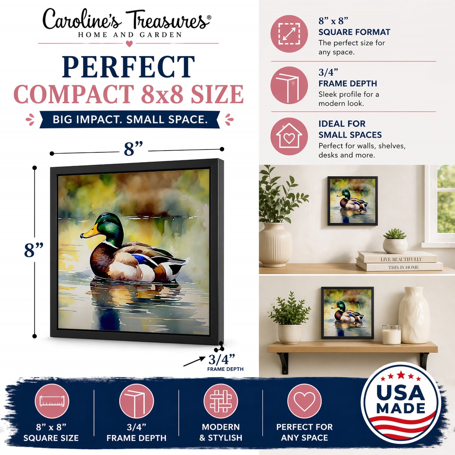 Mallard Duck Floating Pond Reflection Framed Metal Print Bathroom, Kitchen, Office, Home Decor Wall Art Ready to Hang, Square, 8X8