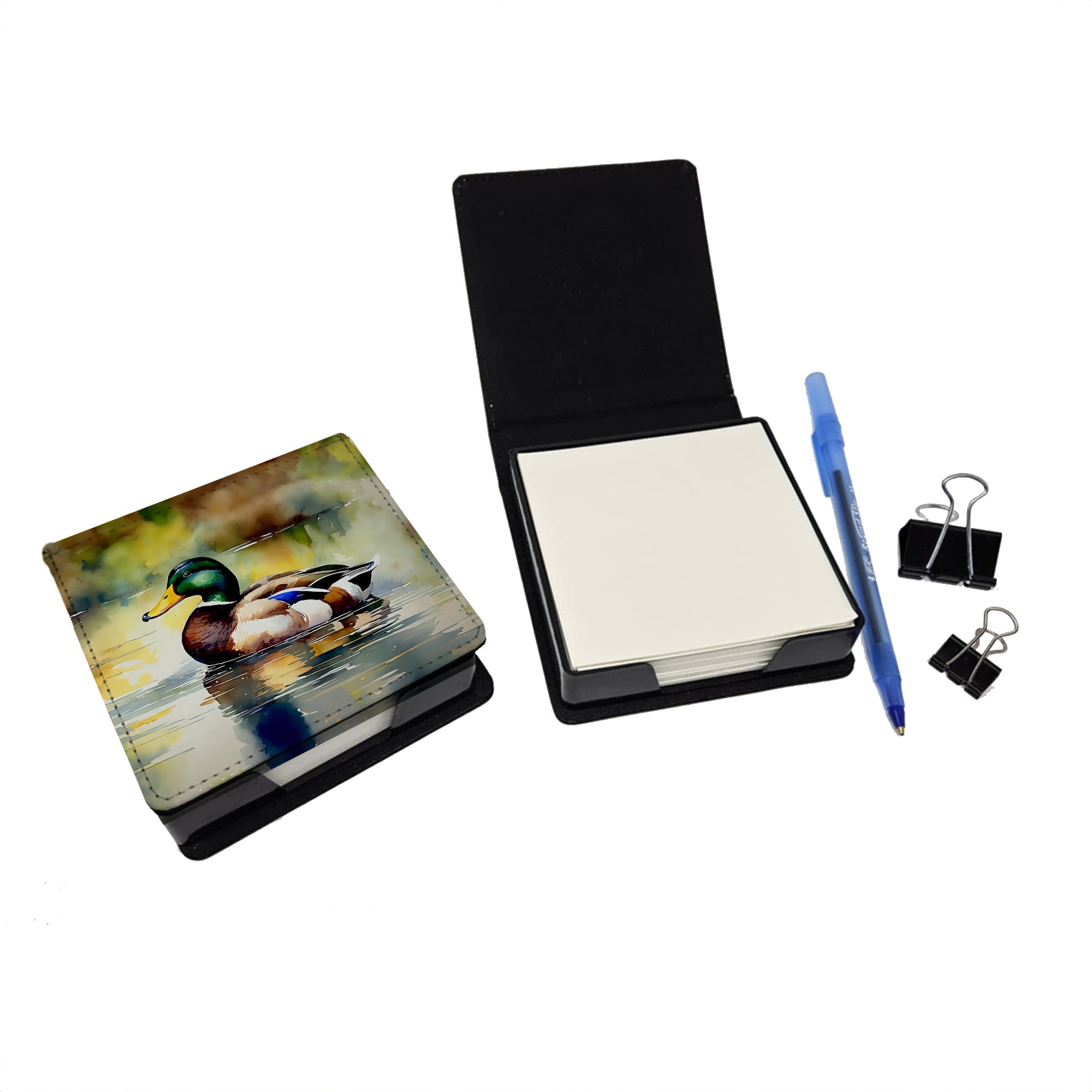 Mallard Duck Floating Pond Reflection PU Leather Note Paper Holder with Artist-Designed Cover, Desk Accessory, Office Gift