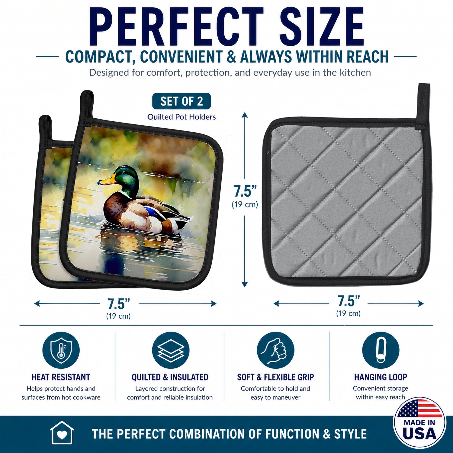 Mallard Duck Floating Pond Reflection Pot Holder Set of 2 Heat Resistant Quilted Hot Pads 7.5 x 7.5 Inch, Insulated Kitchen Trivets for Cooking & Baking