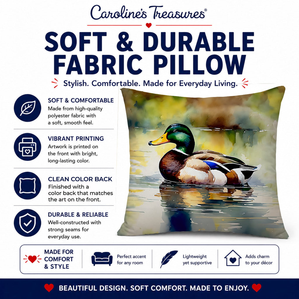 Mallard Duck Floating Pond Reflection Decorative Throw Pillow 14x14 Indoor Outdoor Accent Cushion, Fabric Cover with Insert for Sofa, Bed, Porch & Living Room