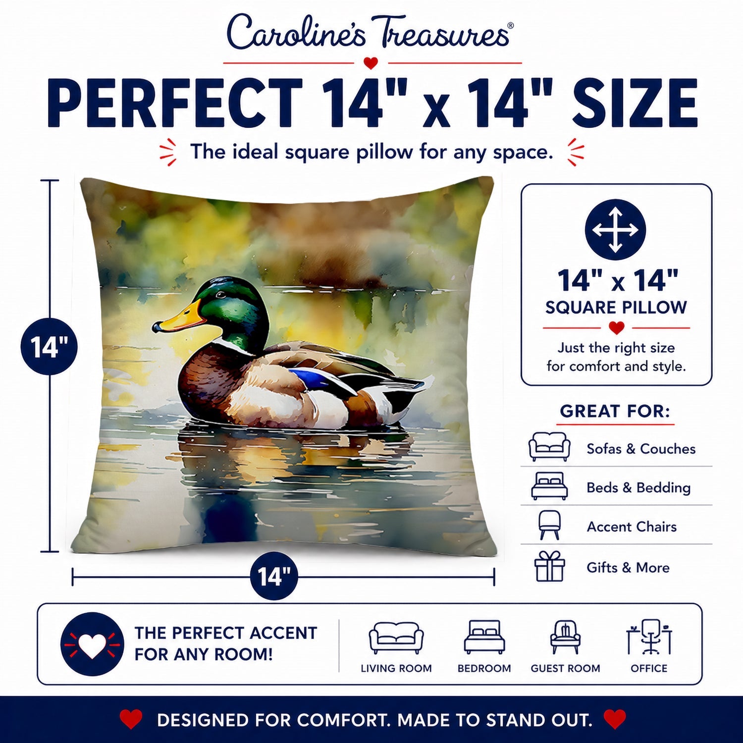 Mallard Duck Floating Pond Reflection Decorative Throw Pillow 14x14 Indoor Outdoor Accent Cushion, Fabric Cover with Insert for Sofa, Bed, Porch & Living Room